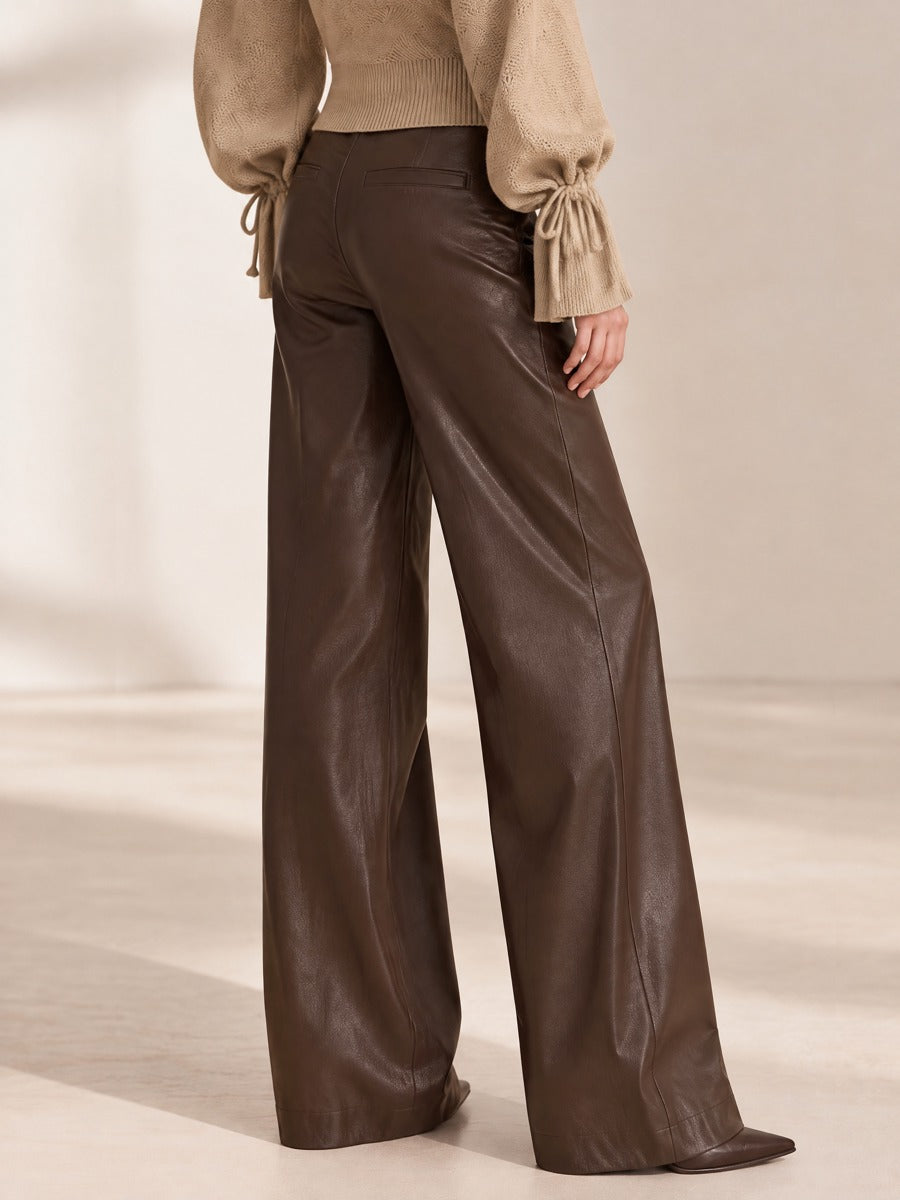 Dark Brown High Waist Pleated Wide Leg Trousers