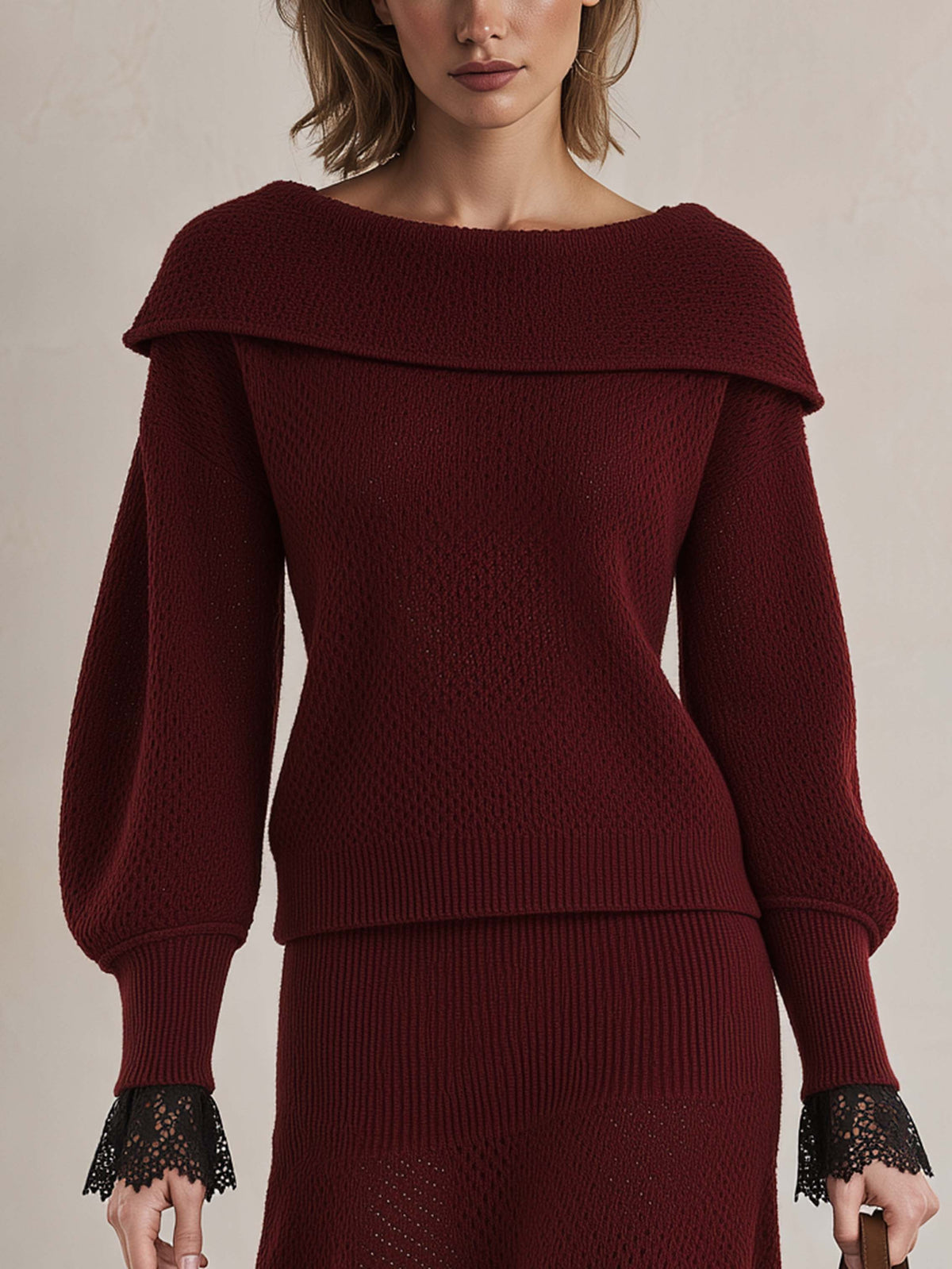 Burgundy Fold Neck Lace Trim Lantern Knit