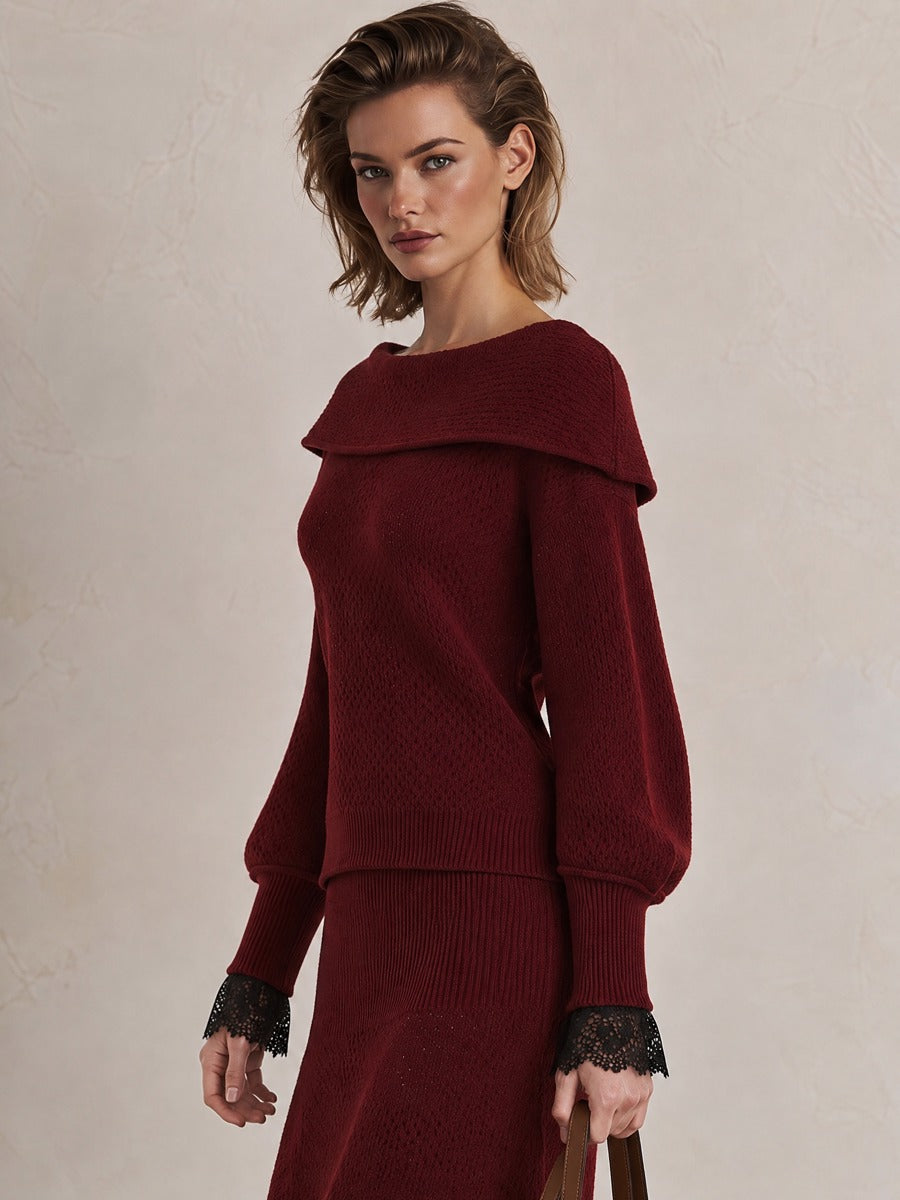 Burgundy Fold Neck Lace Trim Lantern Knit