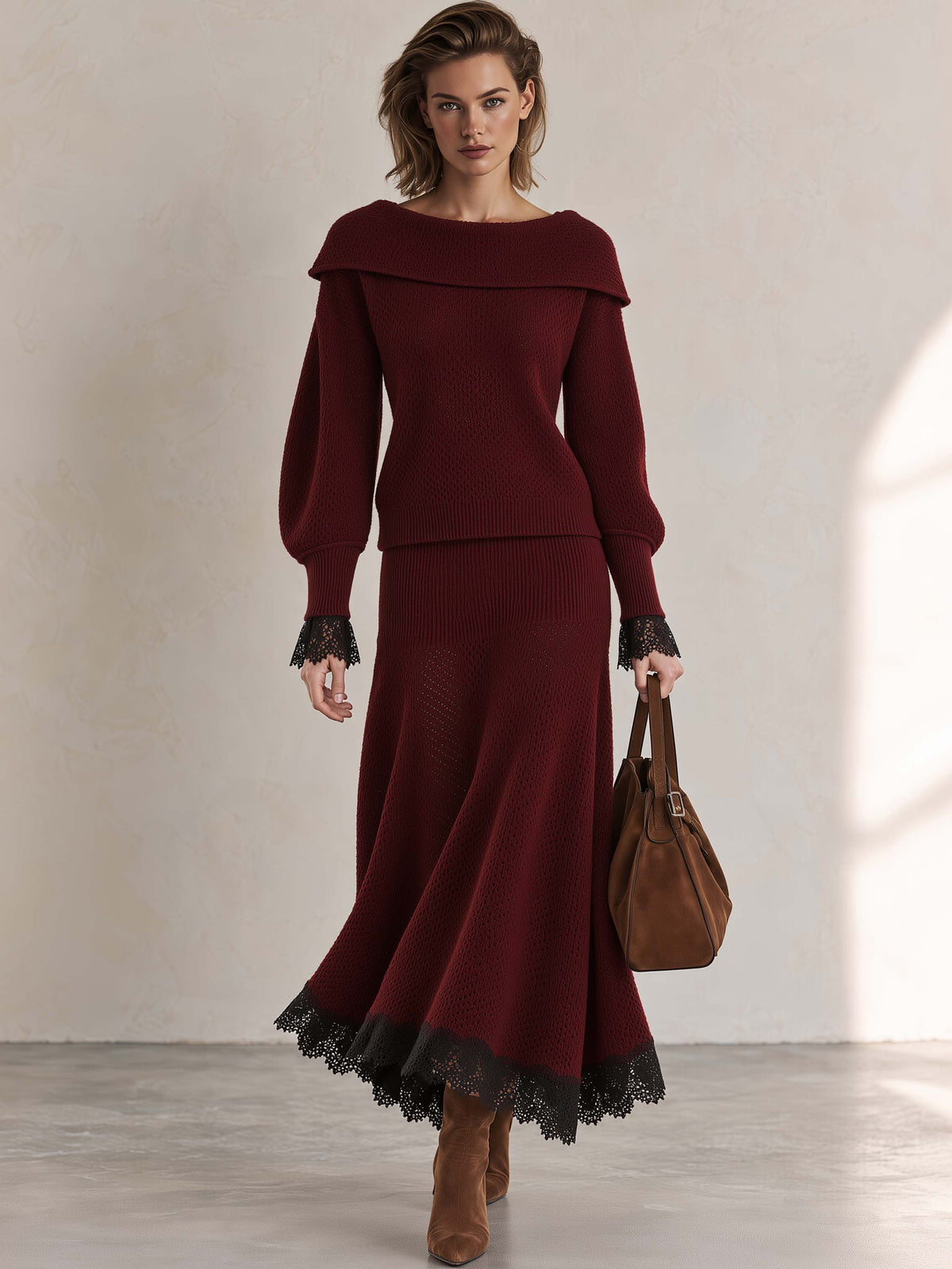 Burgundy Openwork Knit Midi Skirt With Black Lace Trim