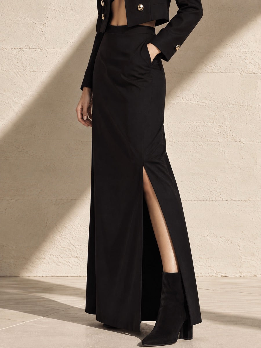 Black High Waist Side Slit Draped Suiting Maxi Skirt