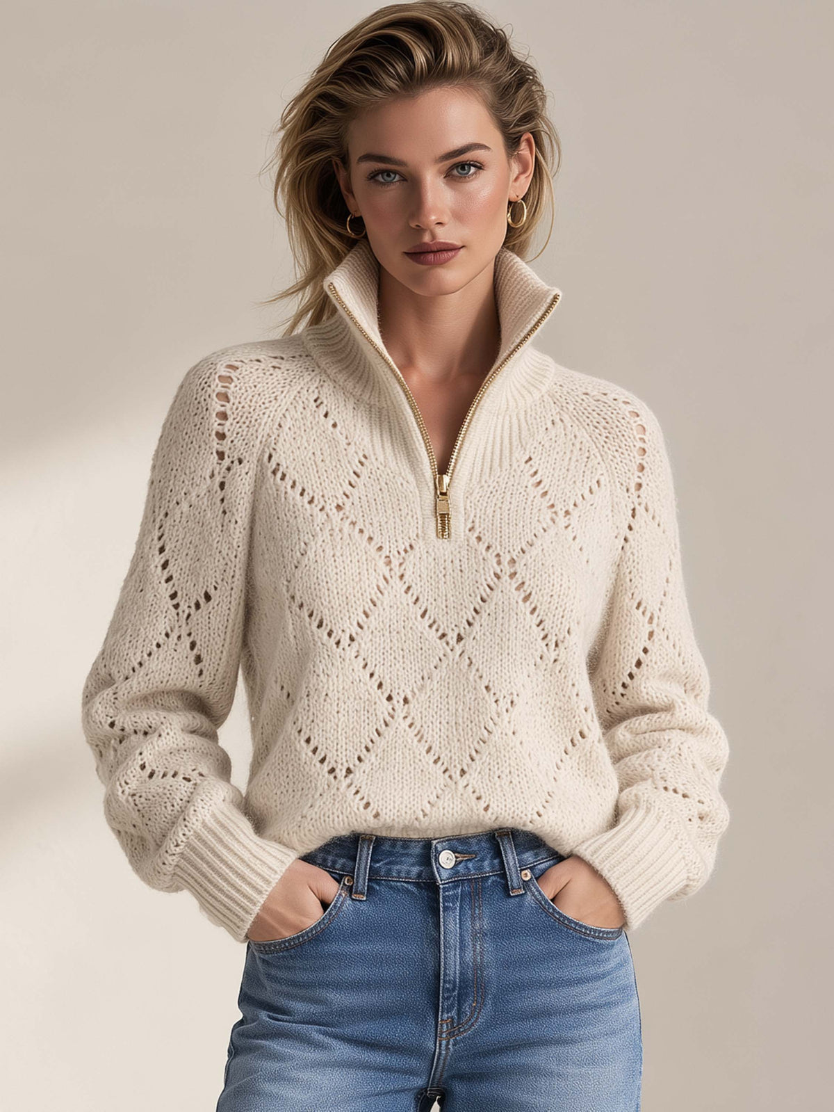 Oatmeal Diamond Eyelet Half Zip Turtleneck Relaxed Knit Sweater