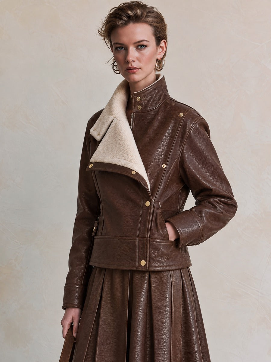 Brown Leather Cream Shearling Cropped Jacket
