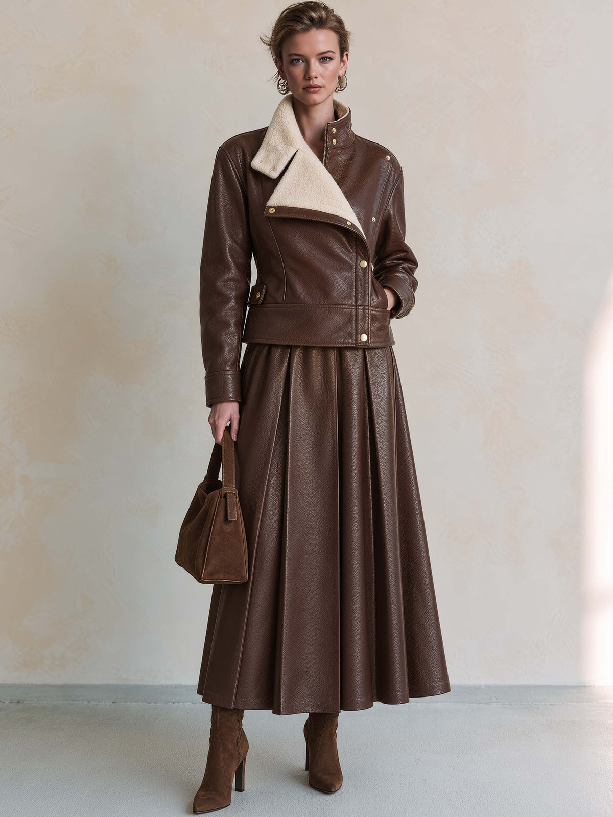 Dark Brown PU Pleated Draped Midi Skirt