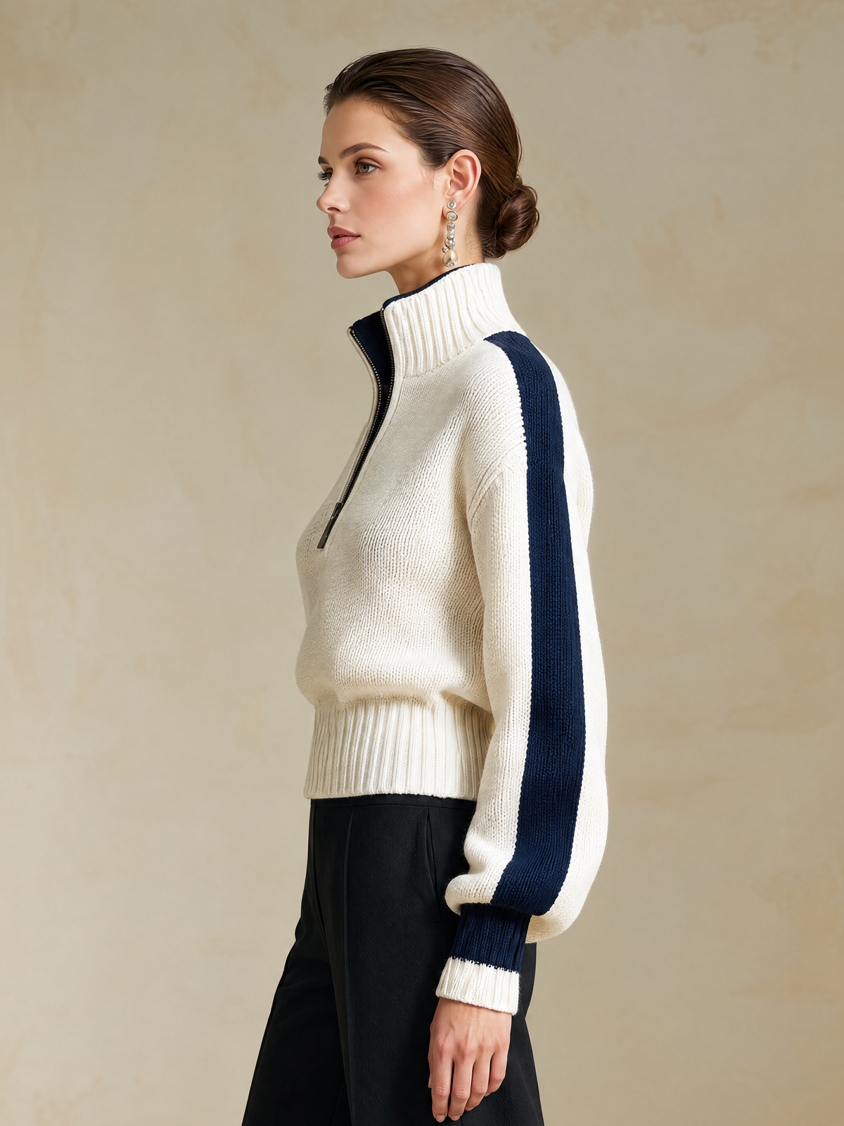 Elegant Ivory Half-Zip High-Neck Knit Sweater With Navy Contrast Stripes