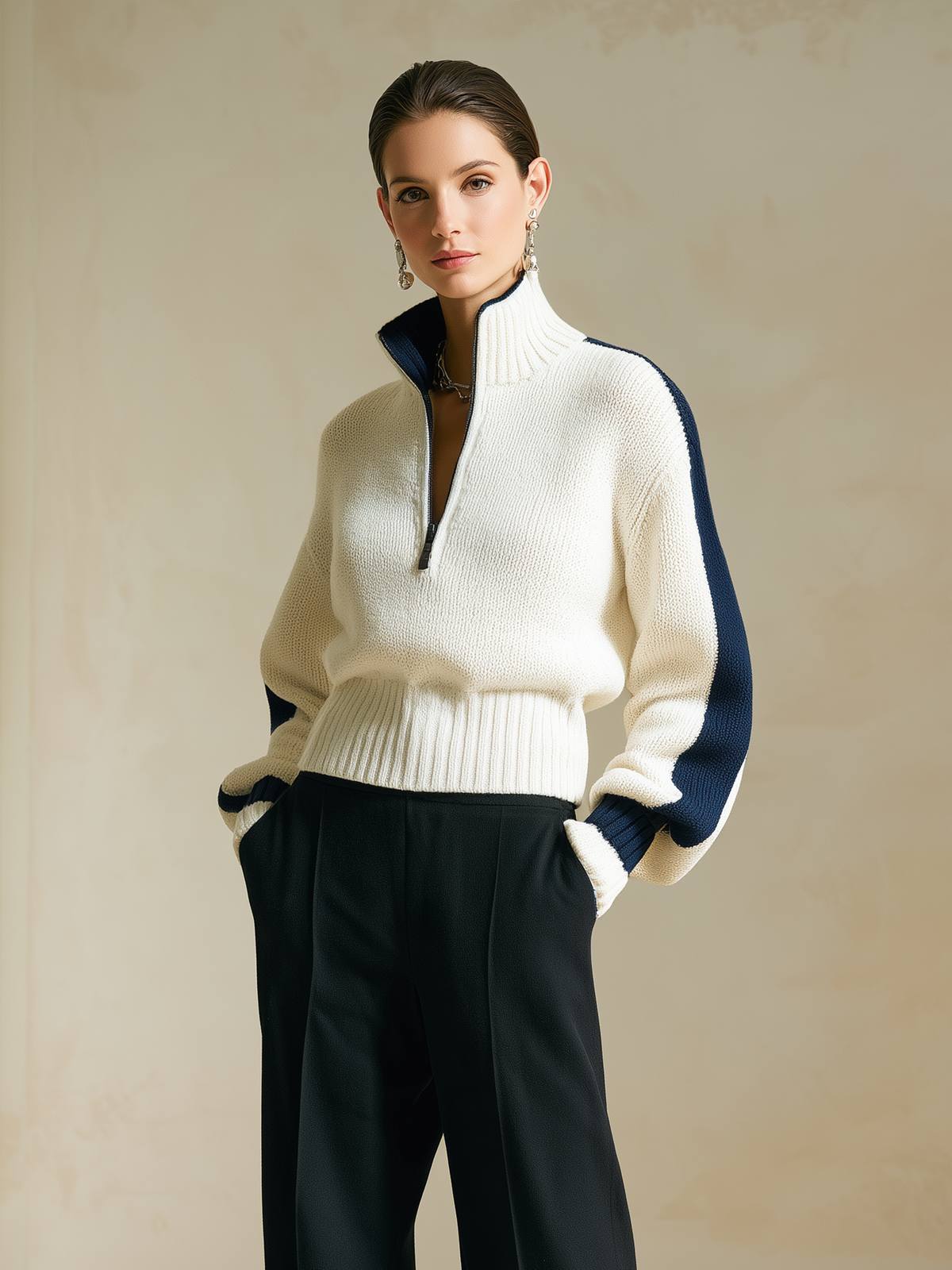 Elegant Ivory Half-Zip High-Neck Knit Sweater With Navy Contrast Stripes