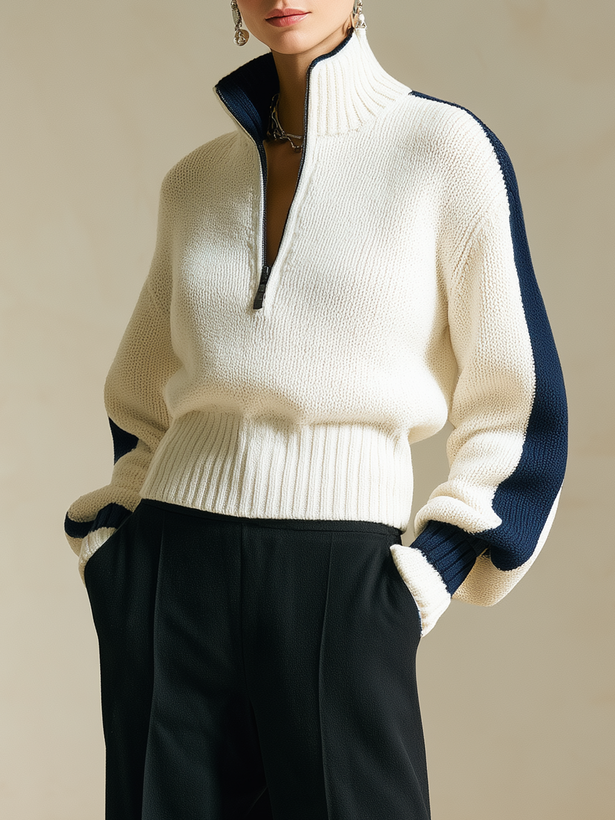 Elegant Ivory Half-Zip High-Neck Knit Sweater With Navy Contrast Stripes