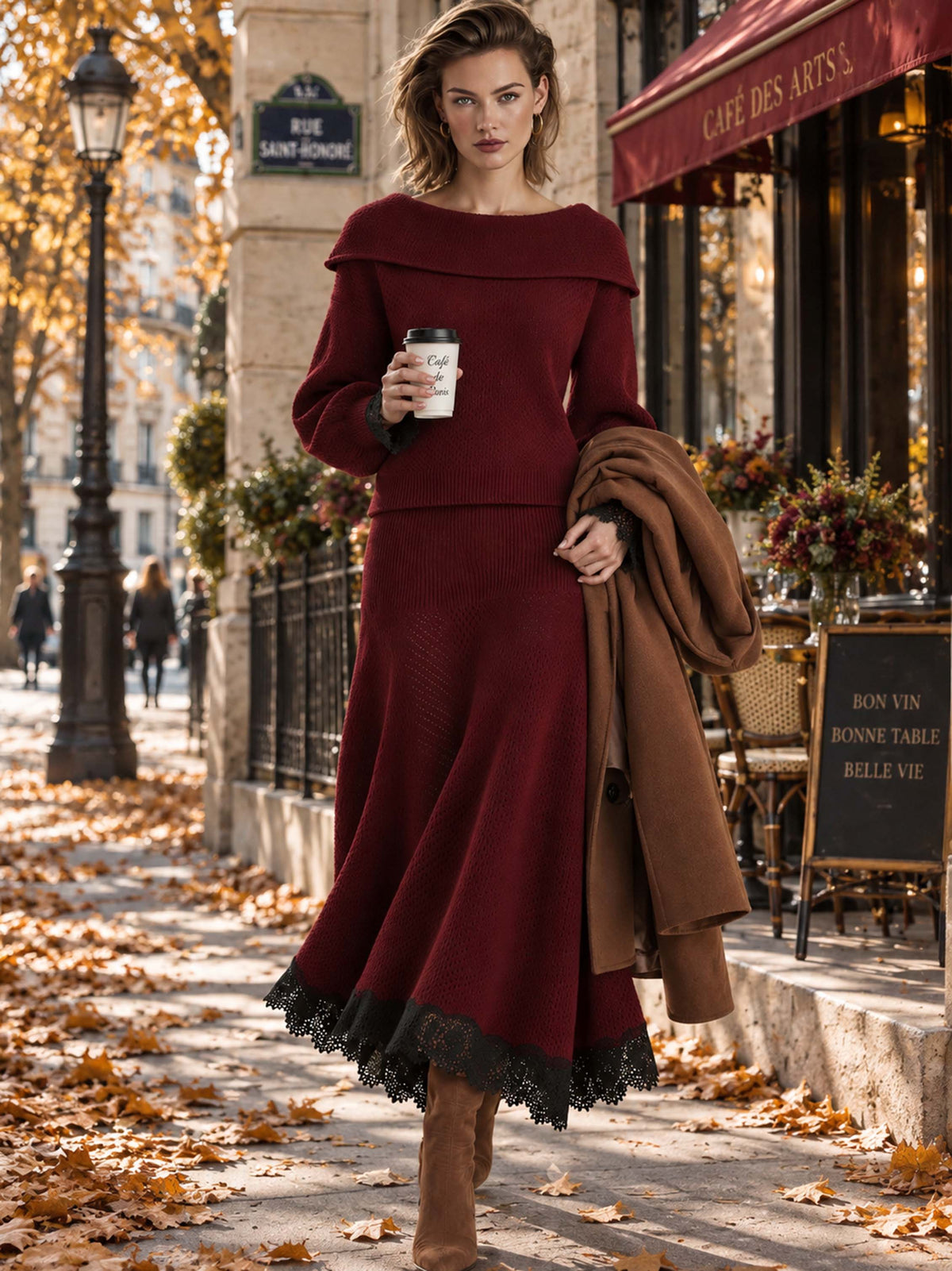 Burgundy Fold Neck Lace Trim Lantern Knit
