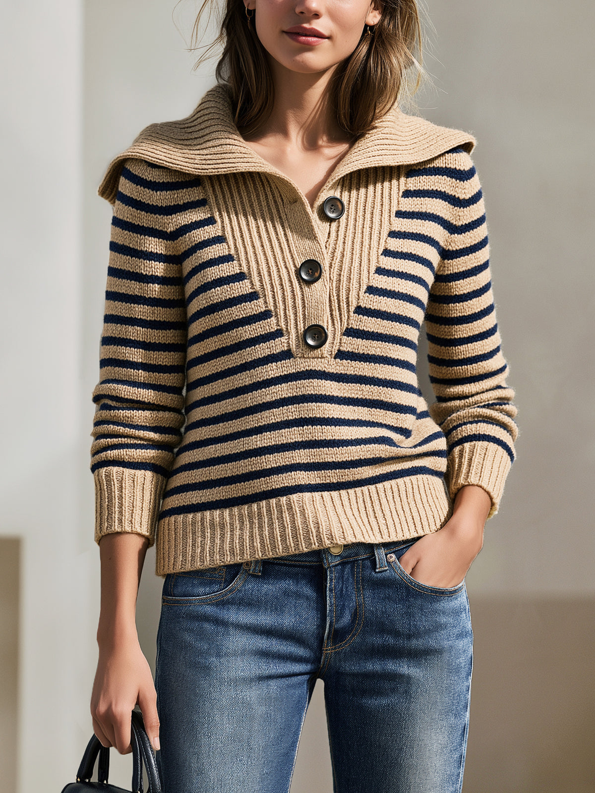 Breton Stripe Wide Collar Knit Sweater