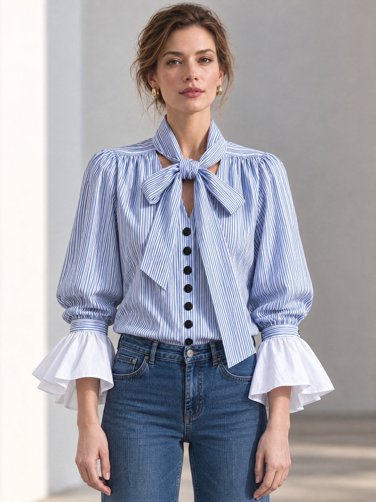 Blue Striped Bow Tie Neck Blouse With Contrast White Ruffle Cuffs