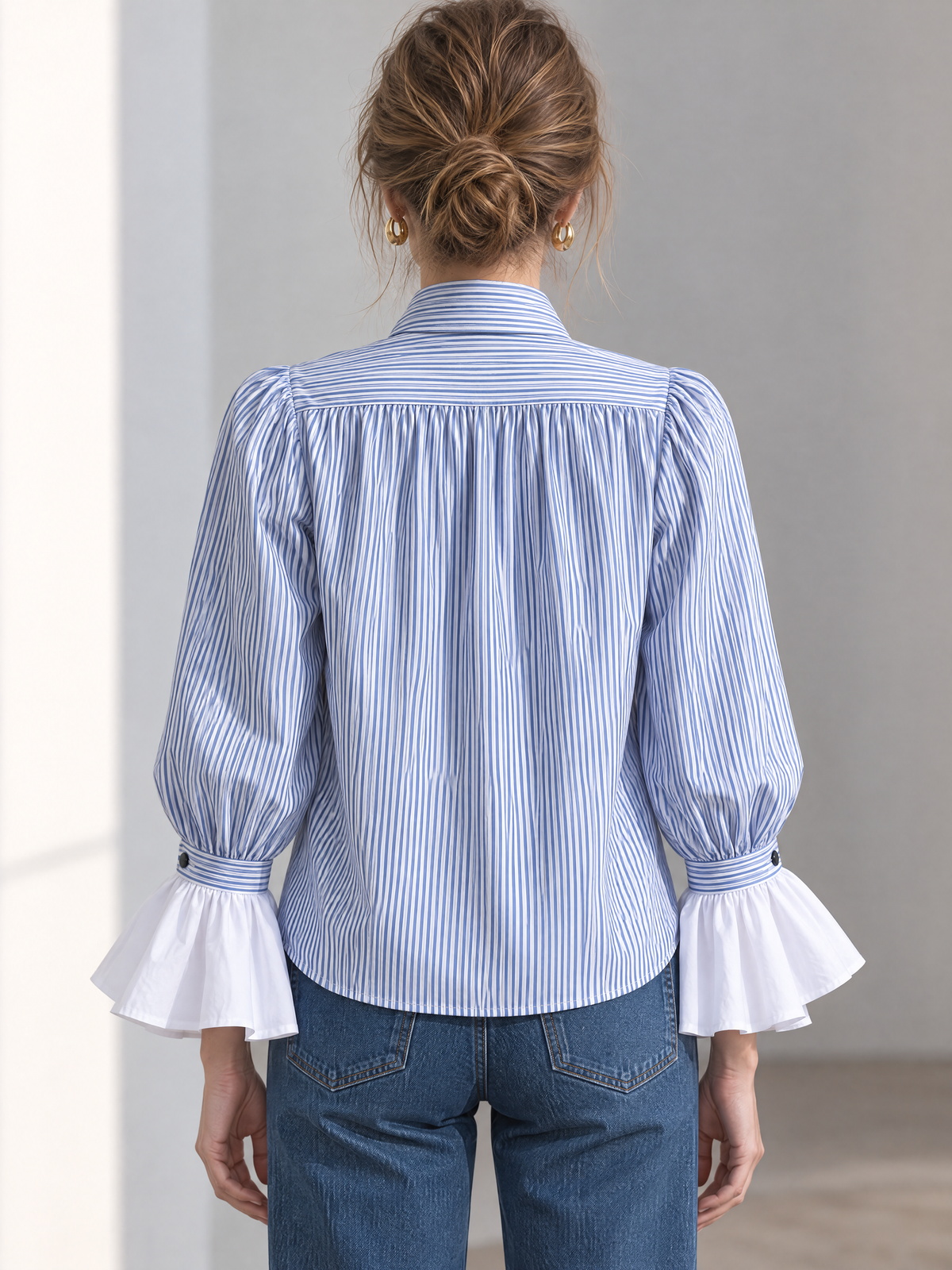 Blue Striped Bow Tie Neck Blouse With Contrast White Ruffle Cuffs