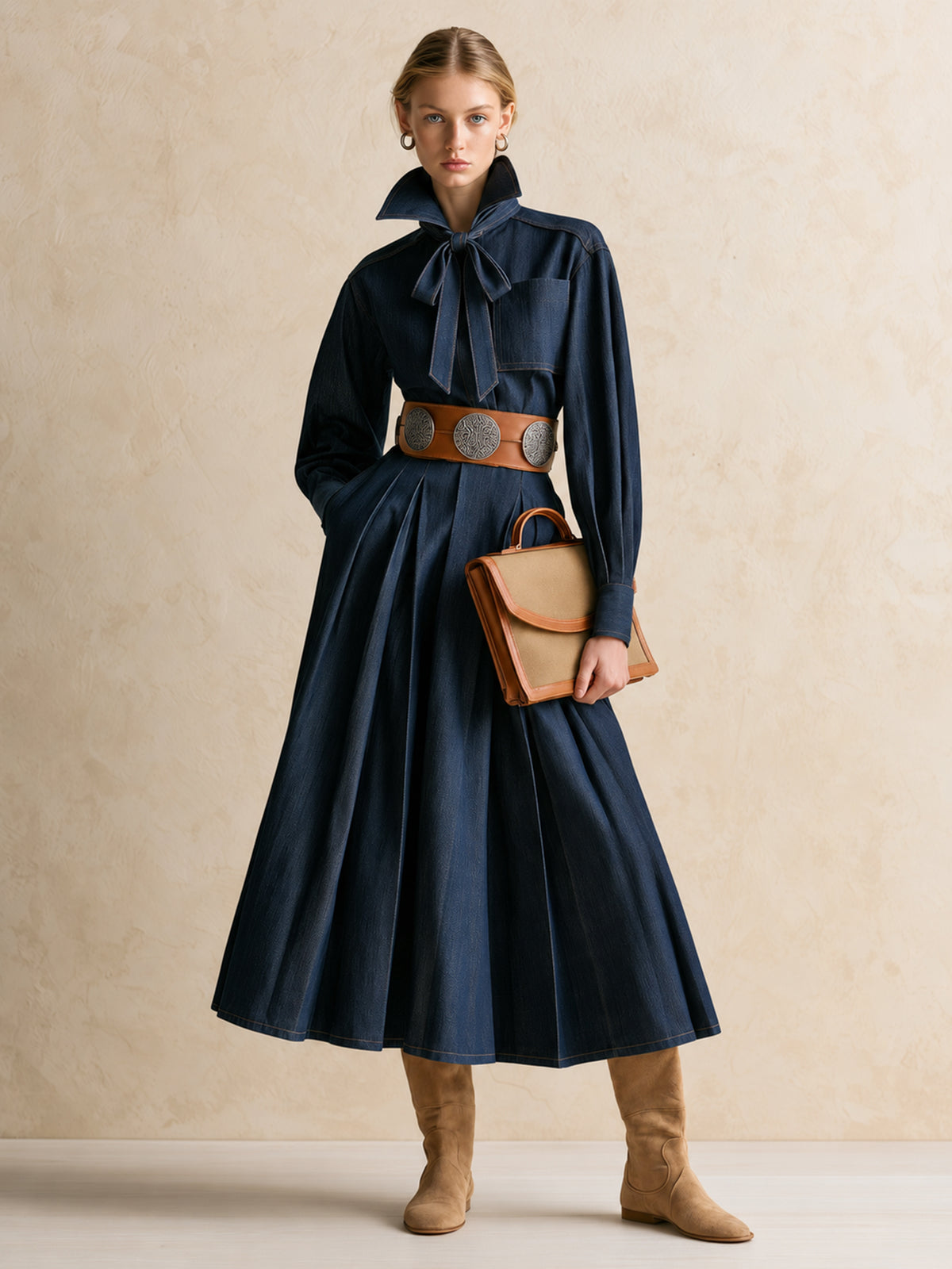 Navy Blue Denim Maxi Skirt With A Bow At The Neckline