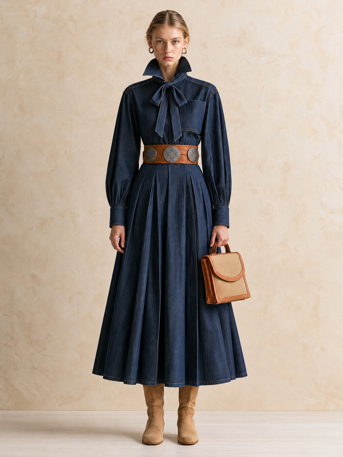 Navy Blue Denim Maxi Skirt With A Bow At The Neckline