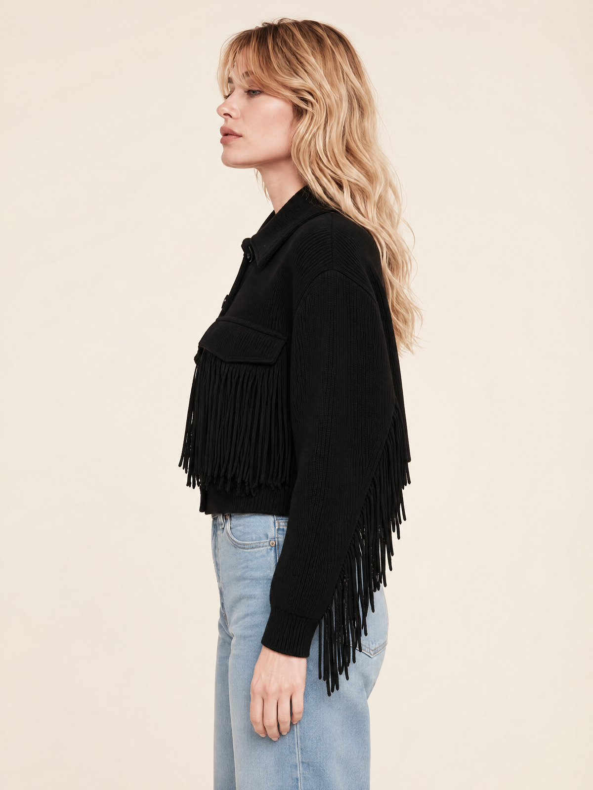Black Fringe Trim Knit Shirt Jacket With Flap Pockets