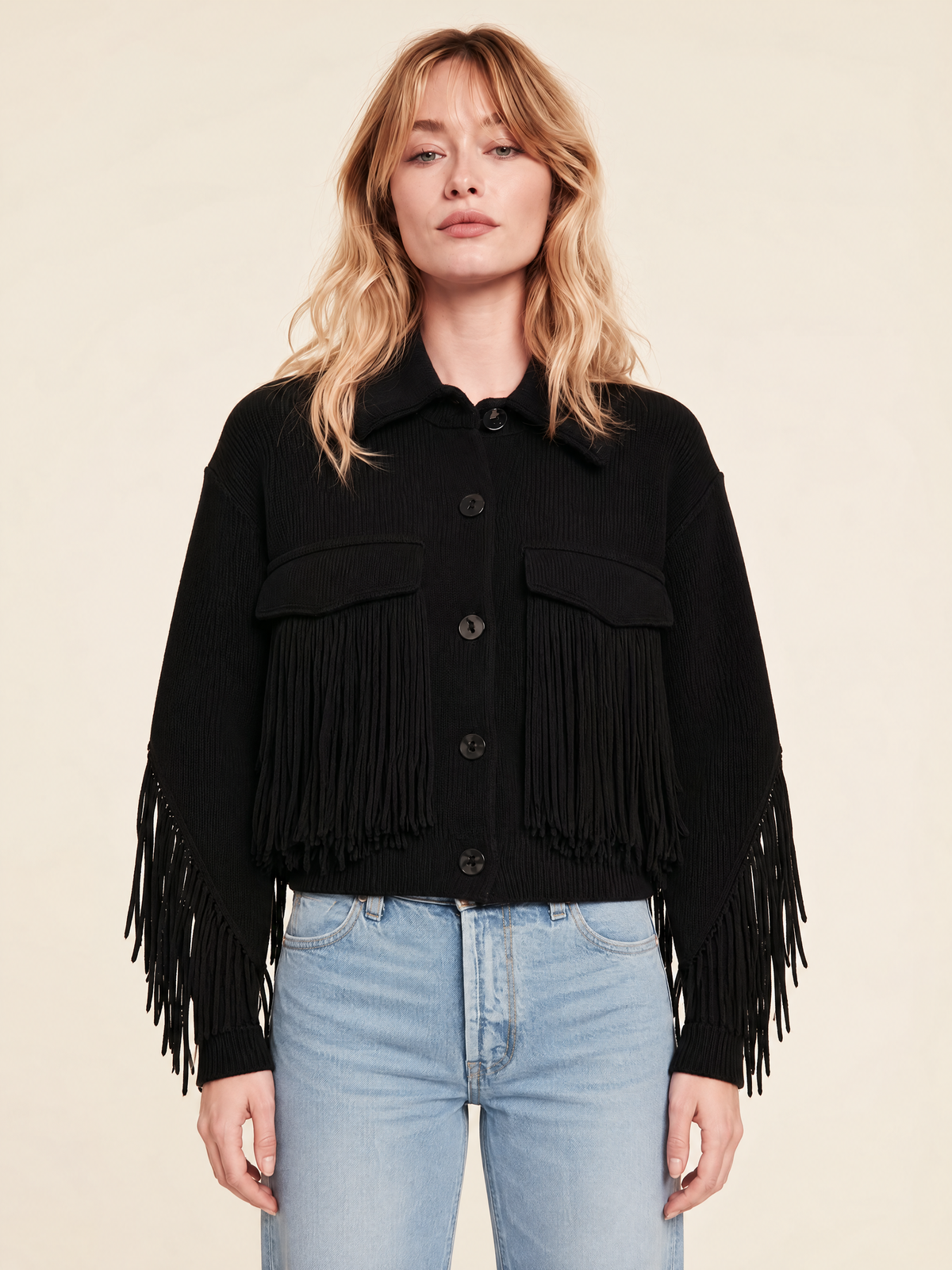Black Fringe Trim Knit Shirt Jacket With Flap Pockets