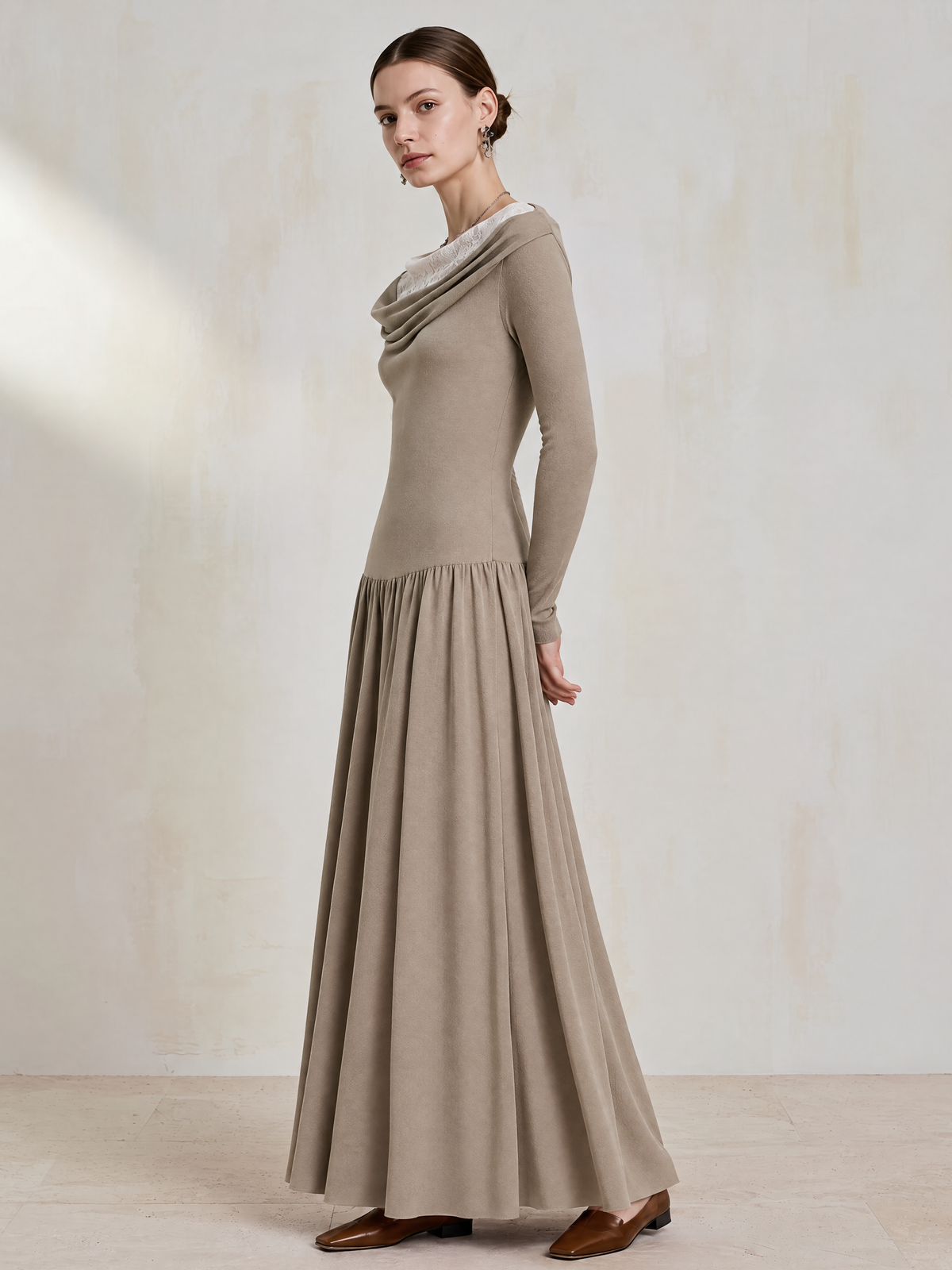 Elegant Taupe Cowl-Neck Lace-Trim Wool-Blend Knit Maxi Dress