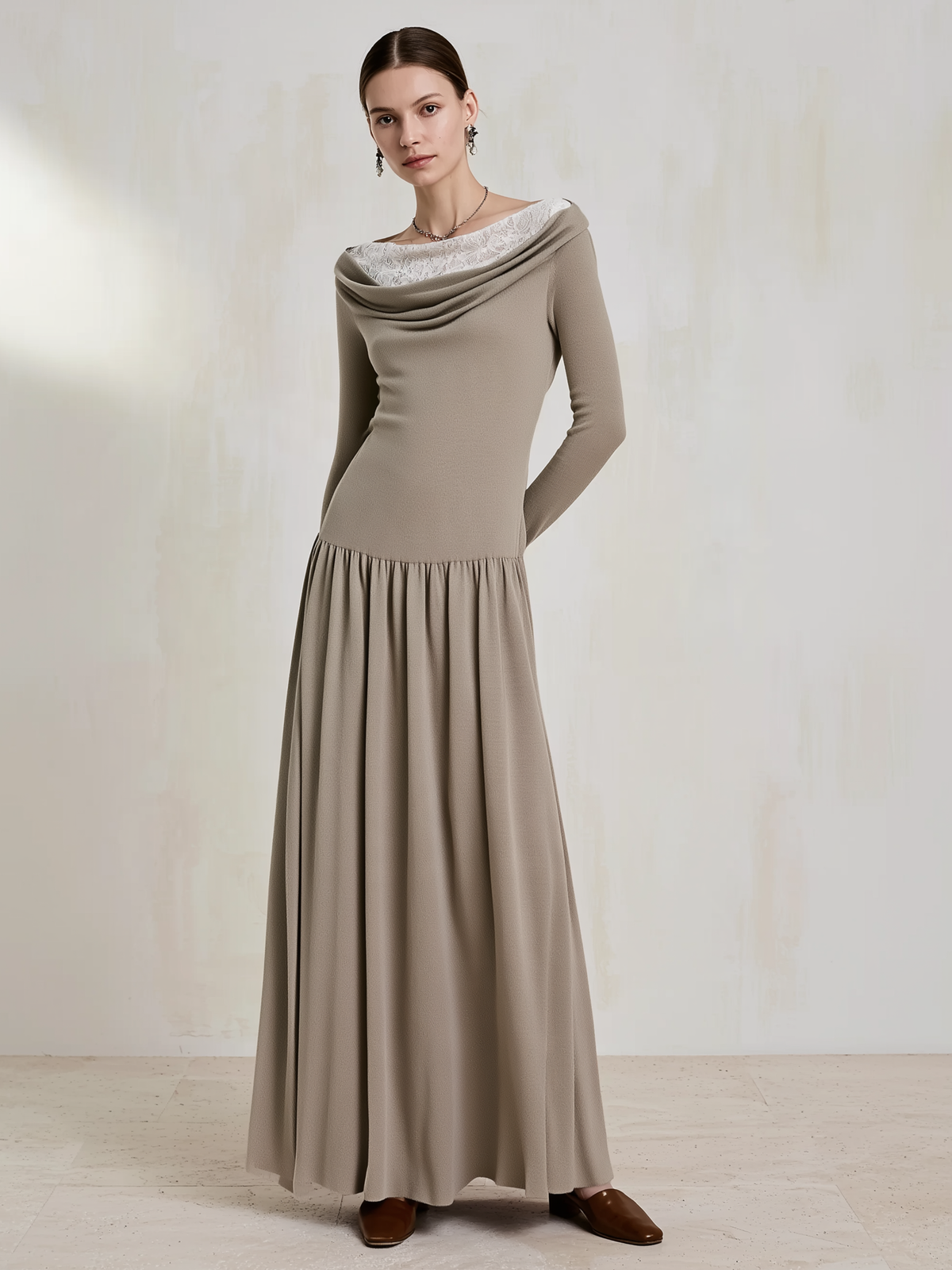 Elegant Taupe Cowl-Neck Lace-Trim Wool-Blend Knit Maxi Dress