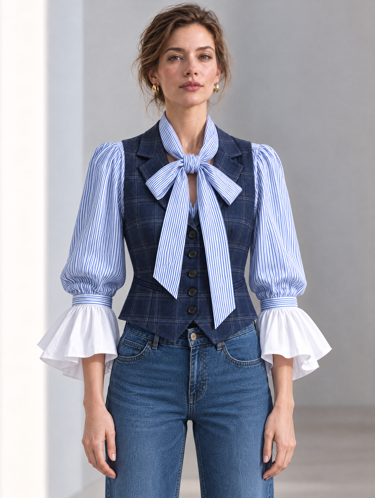 Navy Plaid Wool-Blend Button-Front Vest With Notched Lapel