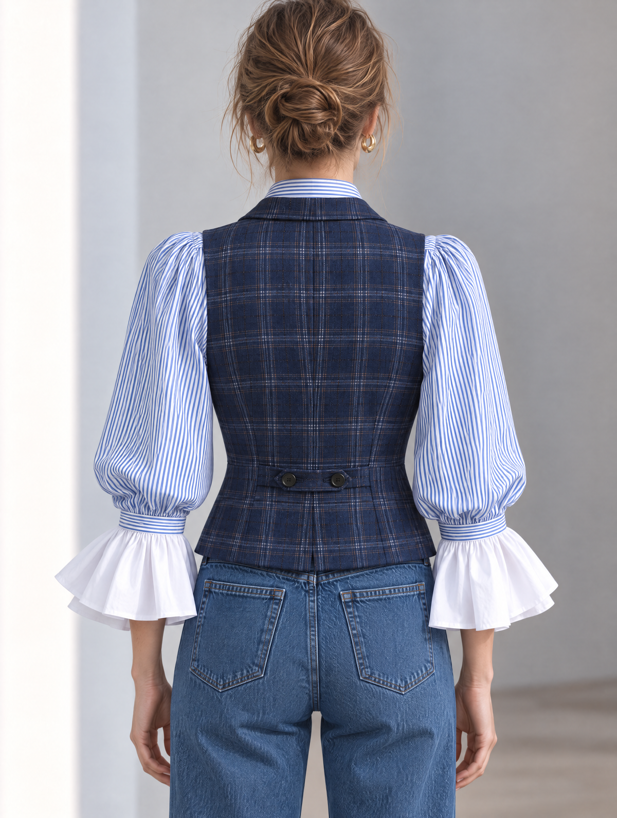 Navy Plaid Wool-Blend Button-Front Vest With Notched Lapel