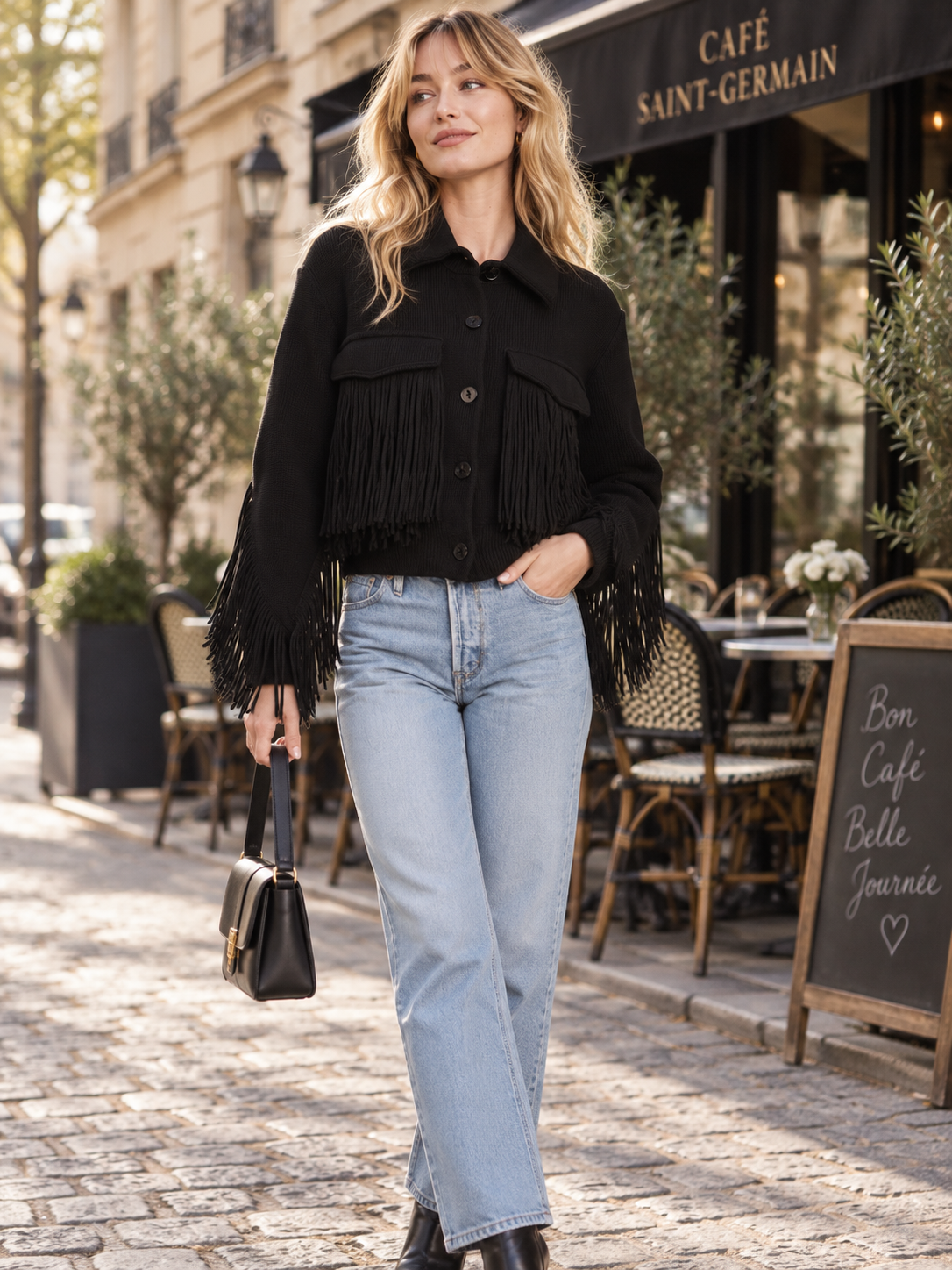 Black Fringe Trim Knit Shirt Jacket With Flap Pockets