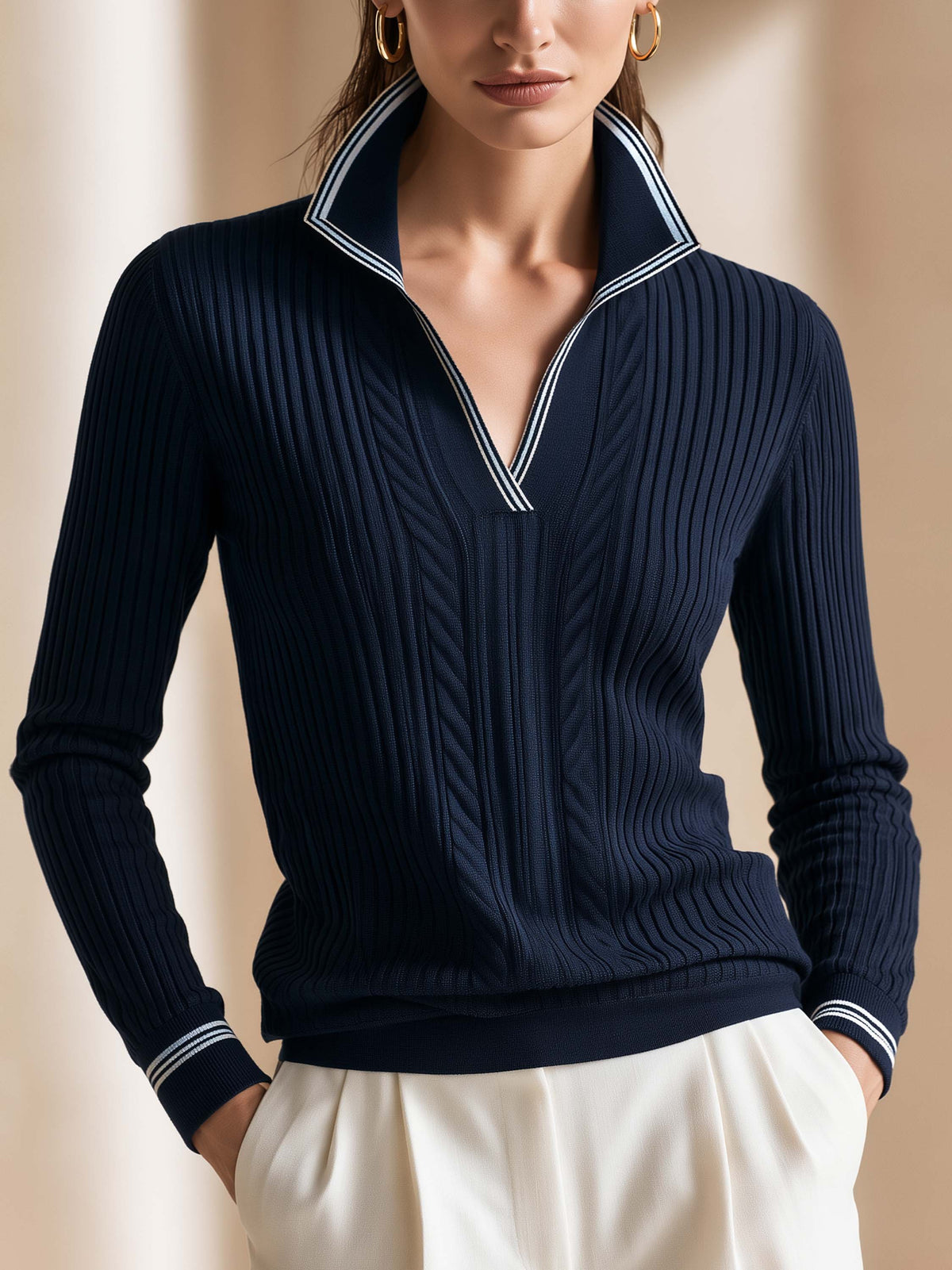 Navy Contrast Collar Vertical Rib Knit Top