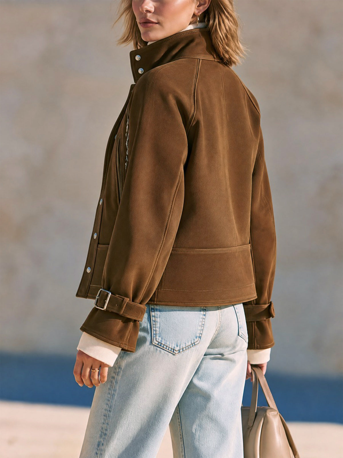 Suede Stand Collar Utility Jacket Outerwear