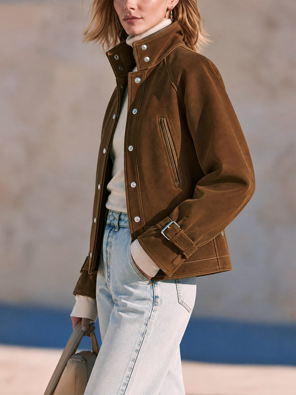 Suede Stand Collar Utility Jacket Outerwear