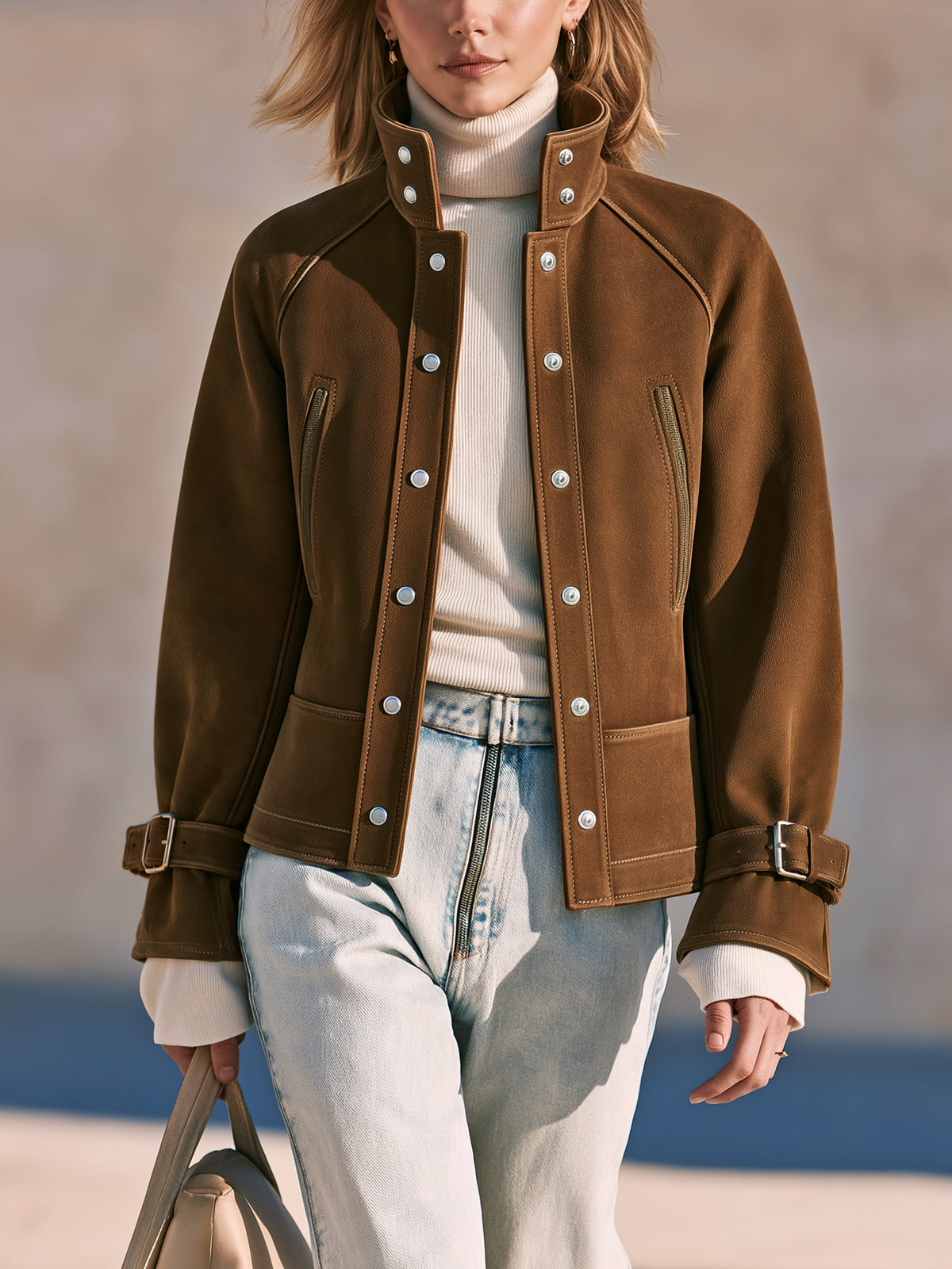 Suede Stand Collar Utility Jacket Outerwear