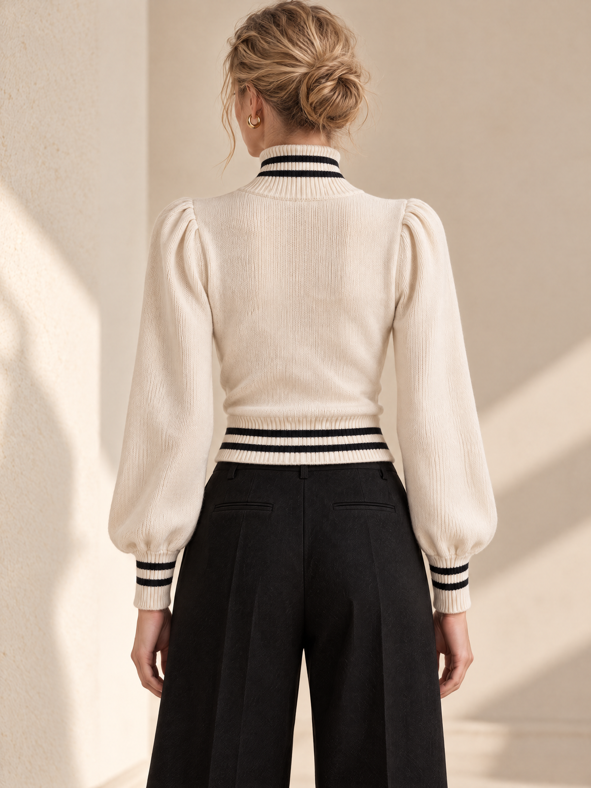 Cream Military Turtleneck Sweater With Gold Button Contrast Trim