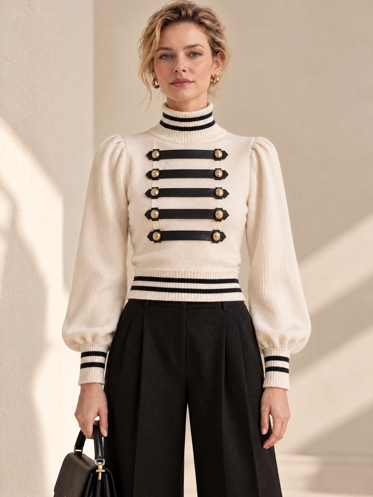 Cream Military Turtleneck Sweater With Gold Button Contrast Trim