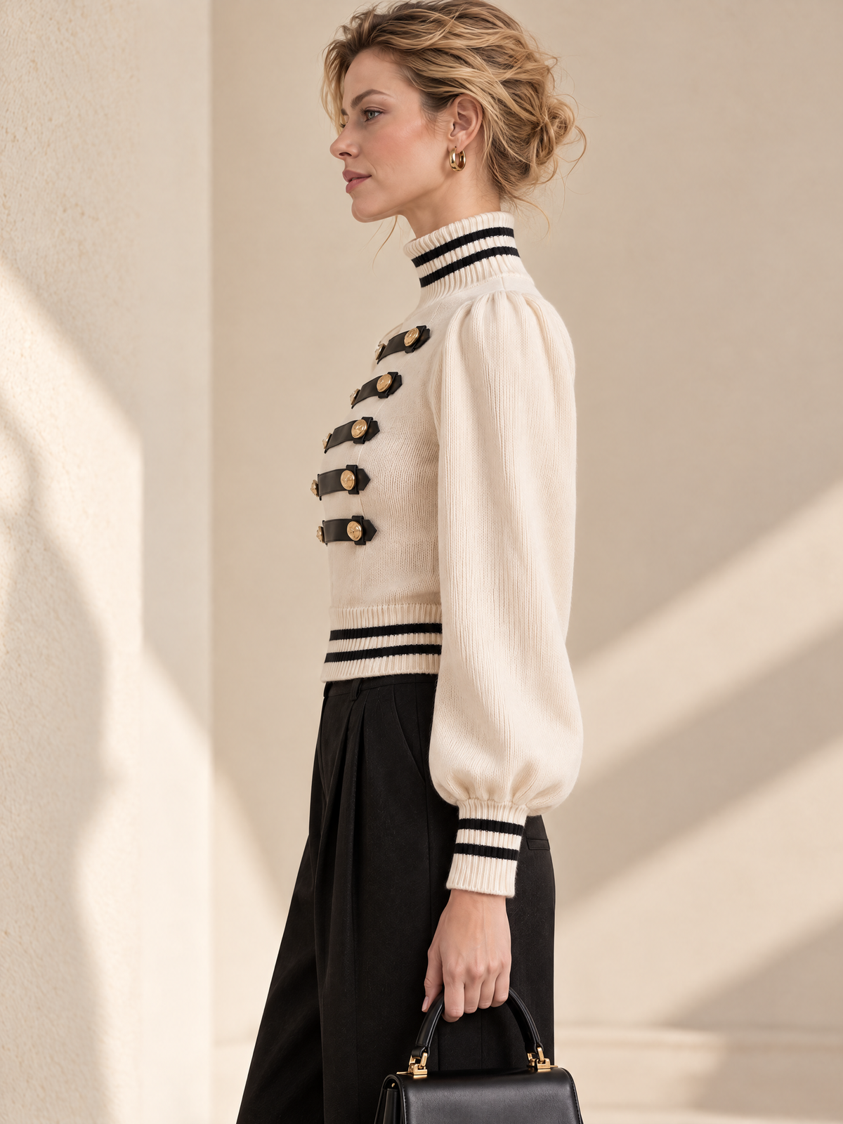 Cream Military Turtleneck Sweater With Gold Button Contrast Trim
