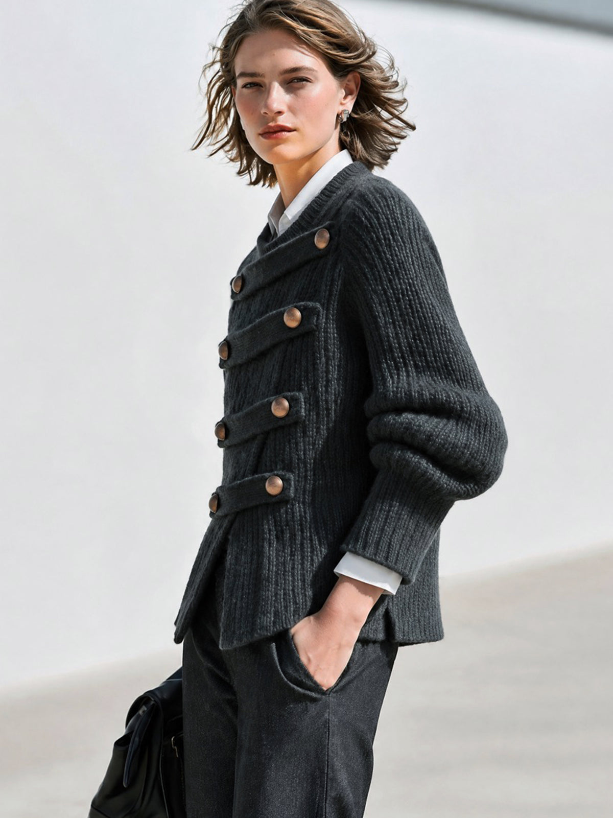 Asymmetrical Button Wool Blend Knit Sweater Pullover
