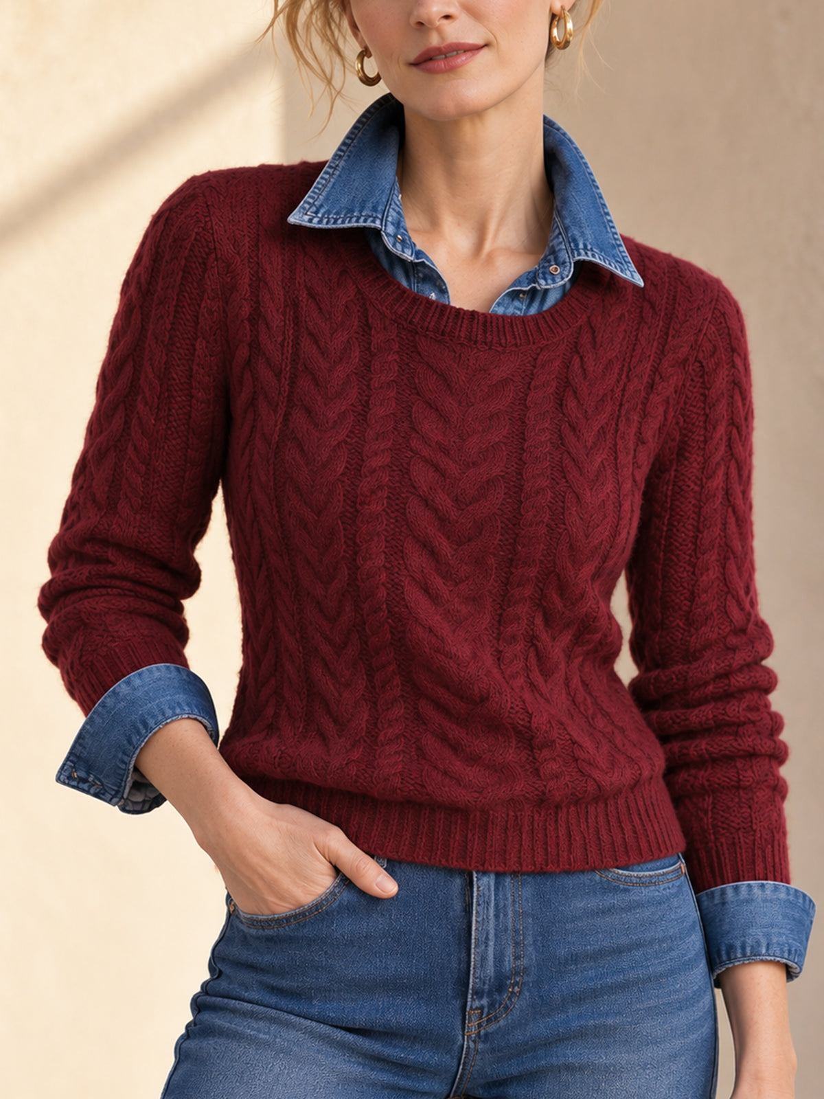 Burgundy Cable Knit Crewneck Sweater With Ribbed Trim