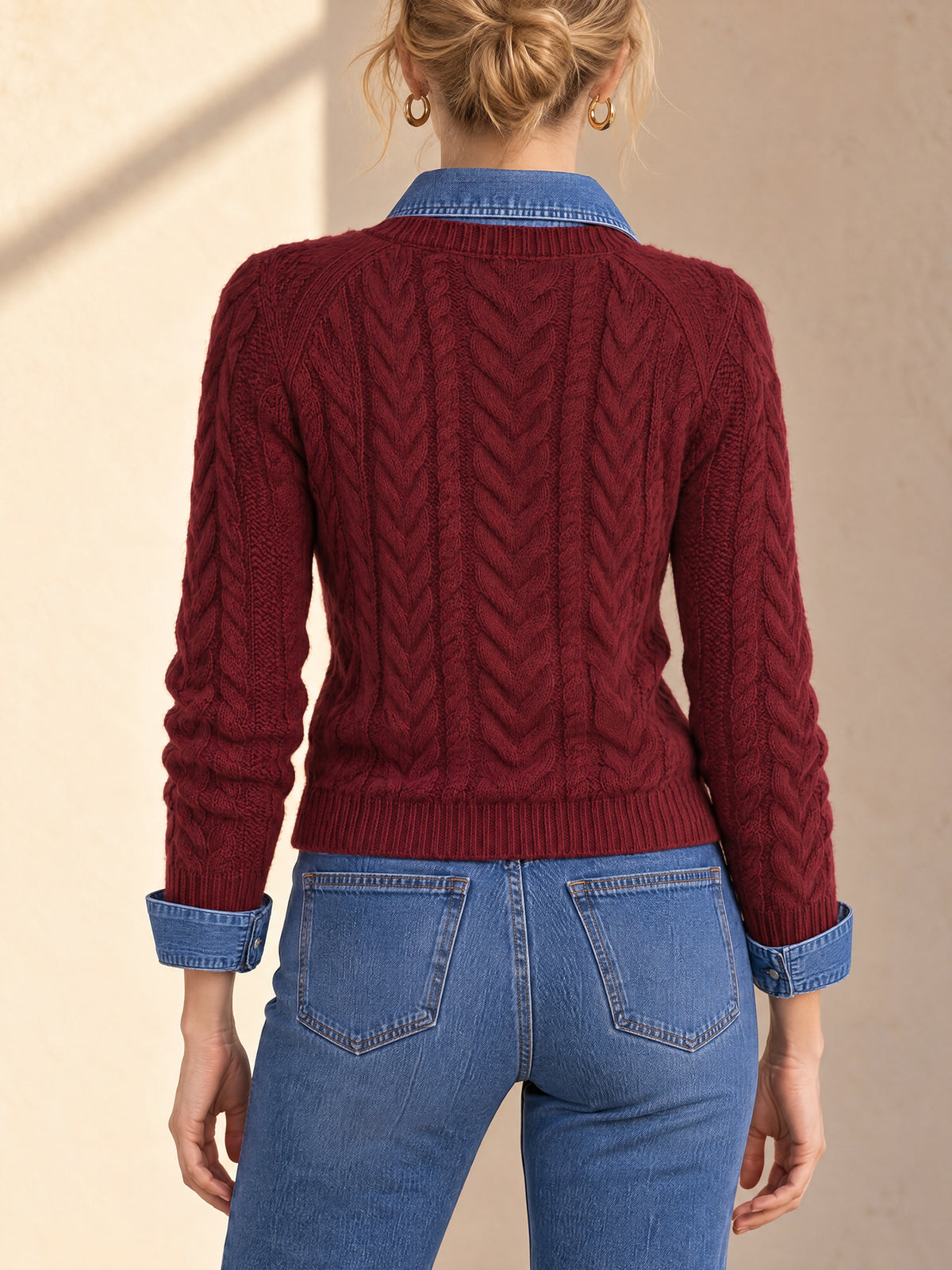 Burgundy Cable Knit Crewneck Sweater With Ribbed Trim