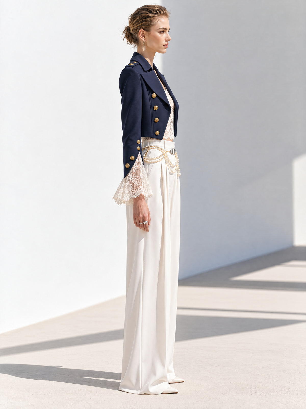 Navy Cropped Military Jacket With Gold Buttons And Epaulettes