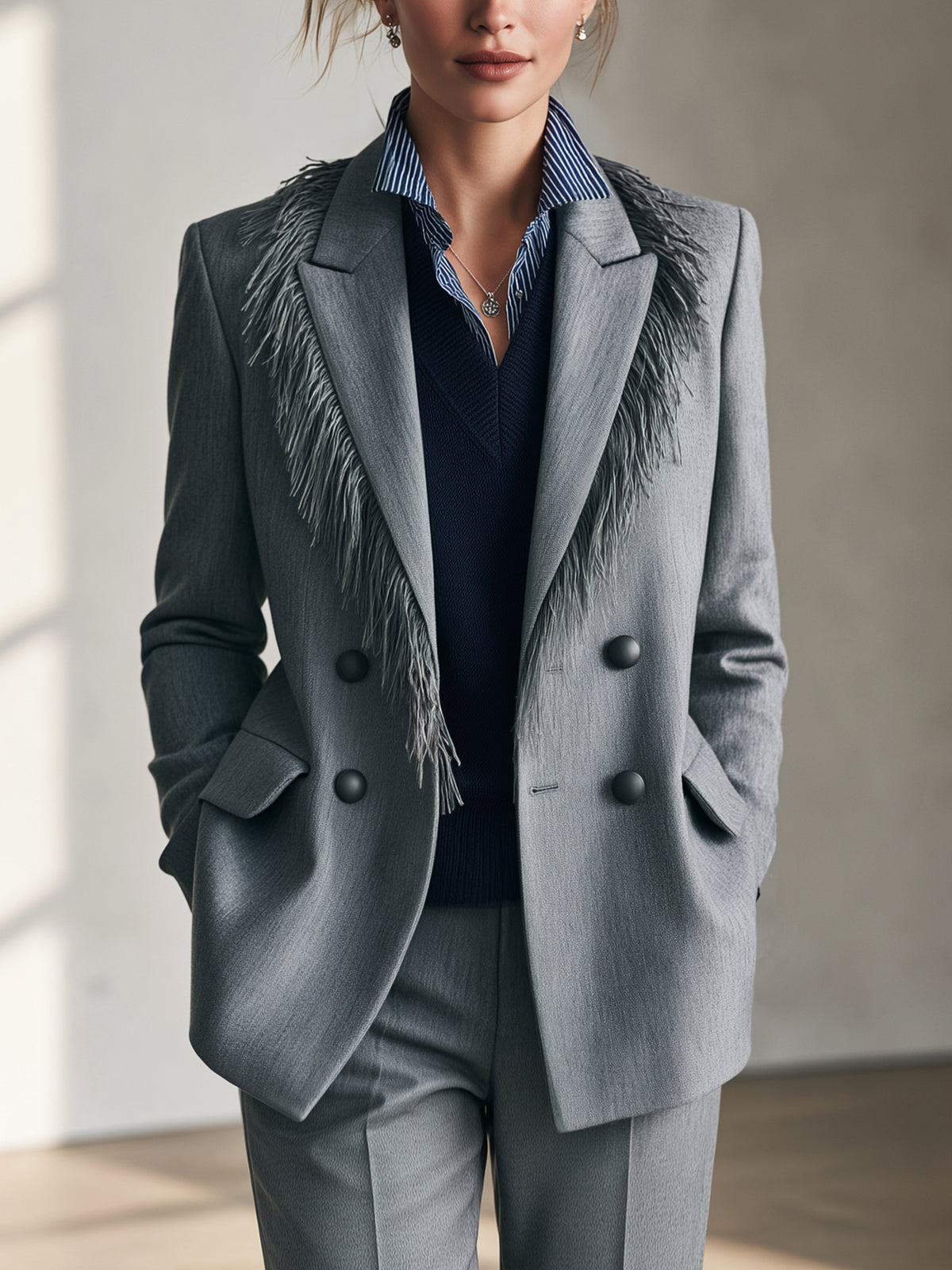 Double Breasted Grey Blazer With Feather Fringe Lapel