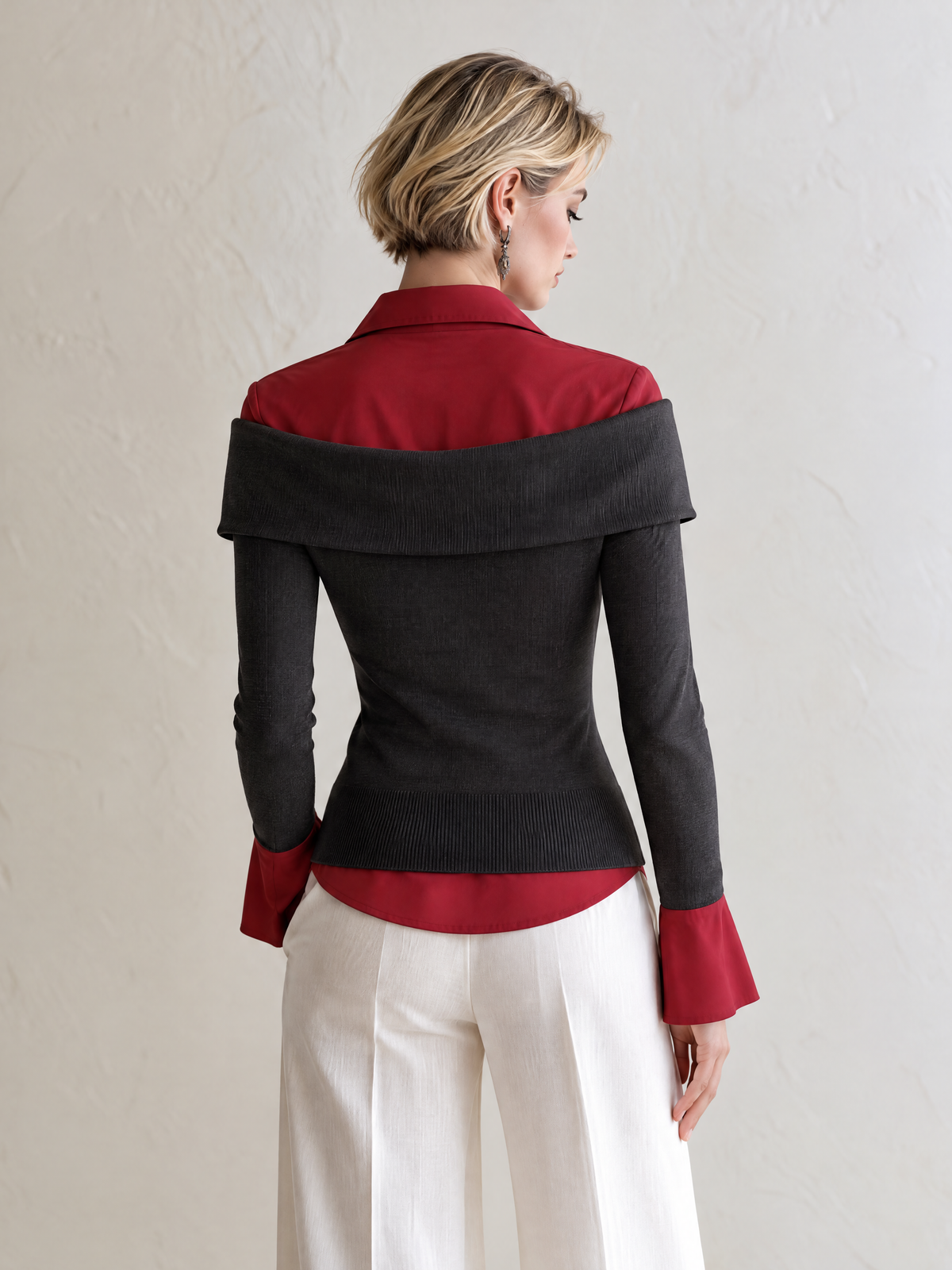 Elegant Charcoal Gray & Red Contrast Shirt-Collar Wool Knit Cardigan