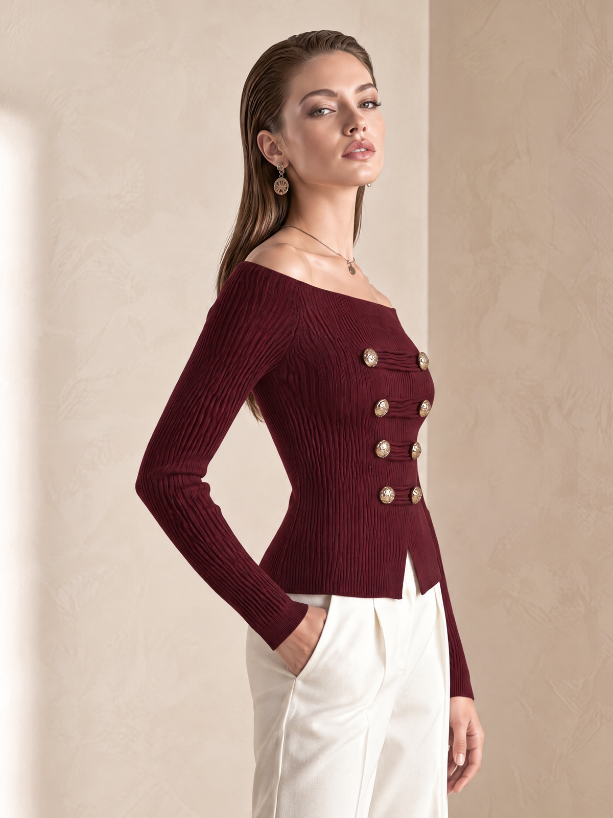 Elegant Burgundy Metal-Tab Wool-Blend Knit Top