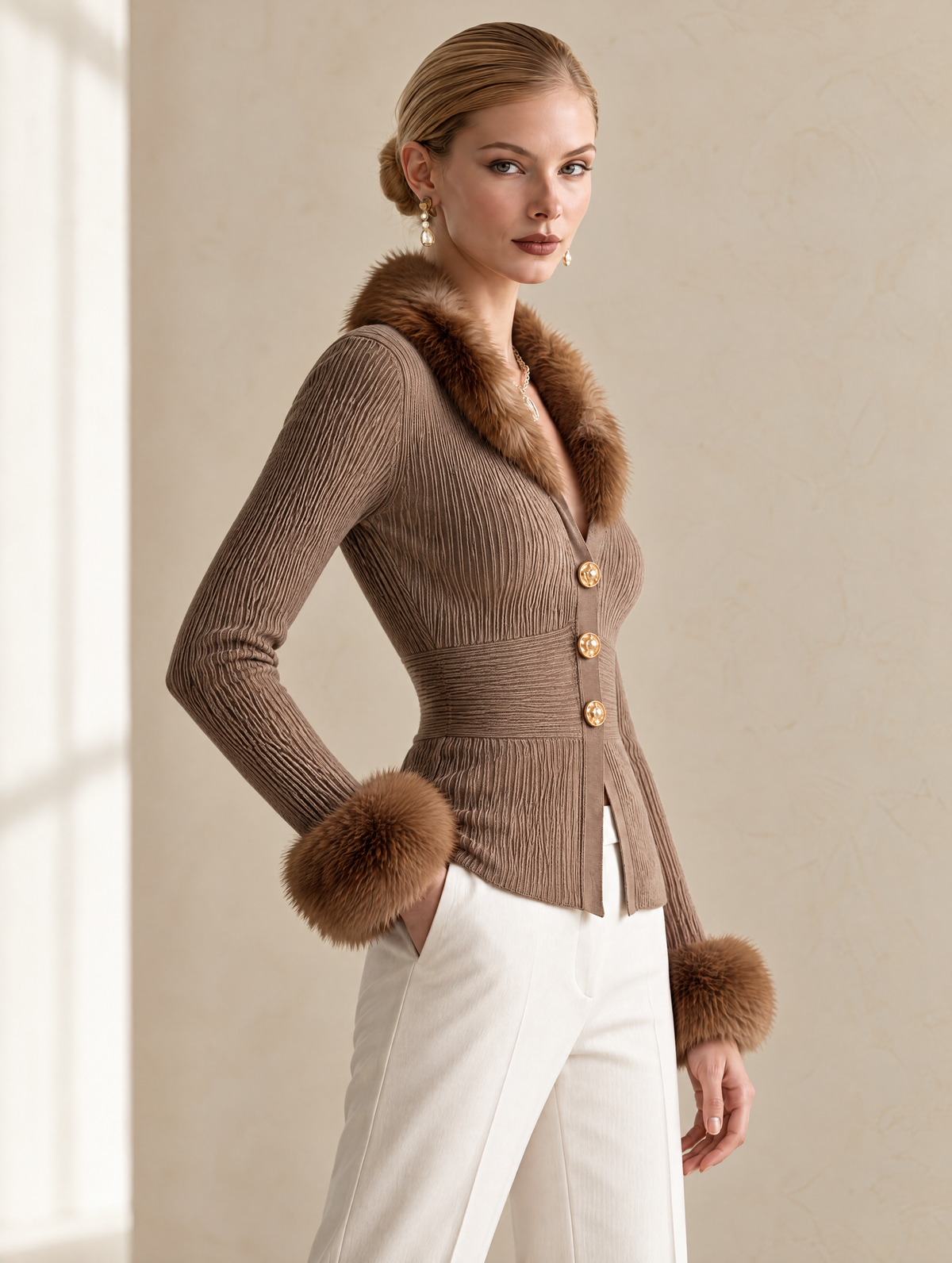 Elegant Taupe Fur-Trim Wool-Blend Knit Cardigan