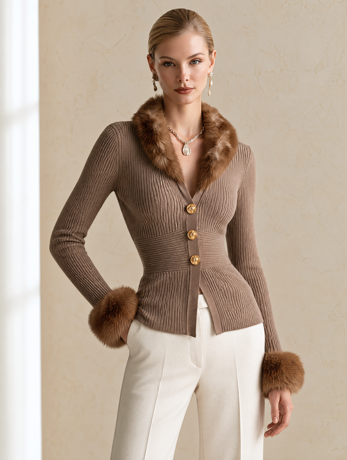 Elegant Taupe Fur-Trim Wool-Blend Knit Cardigan