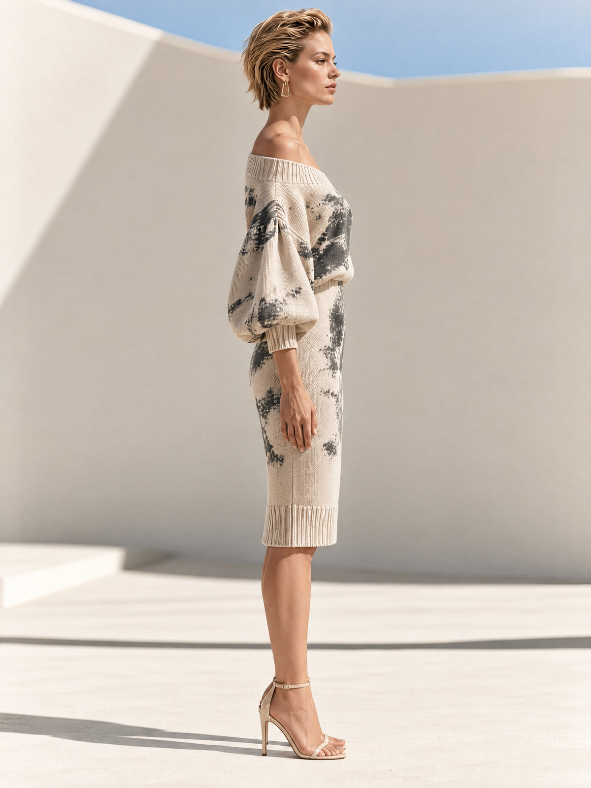 Cream Abstract Print Off-Shoulder Knit Midi Dress With Balloon Sleeves