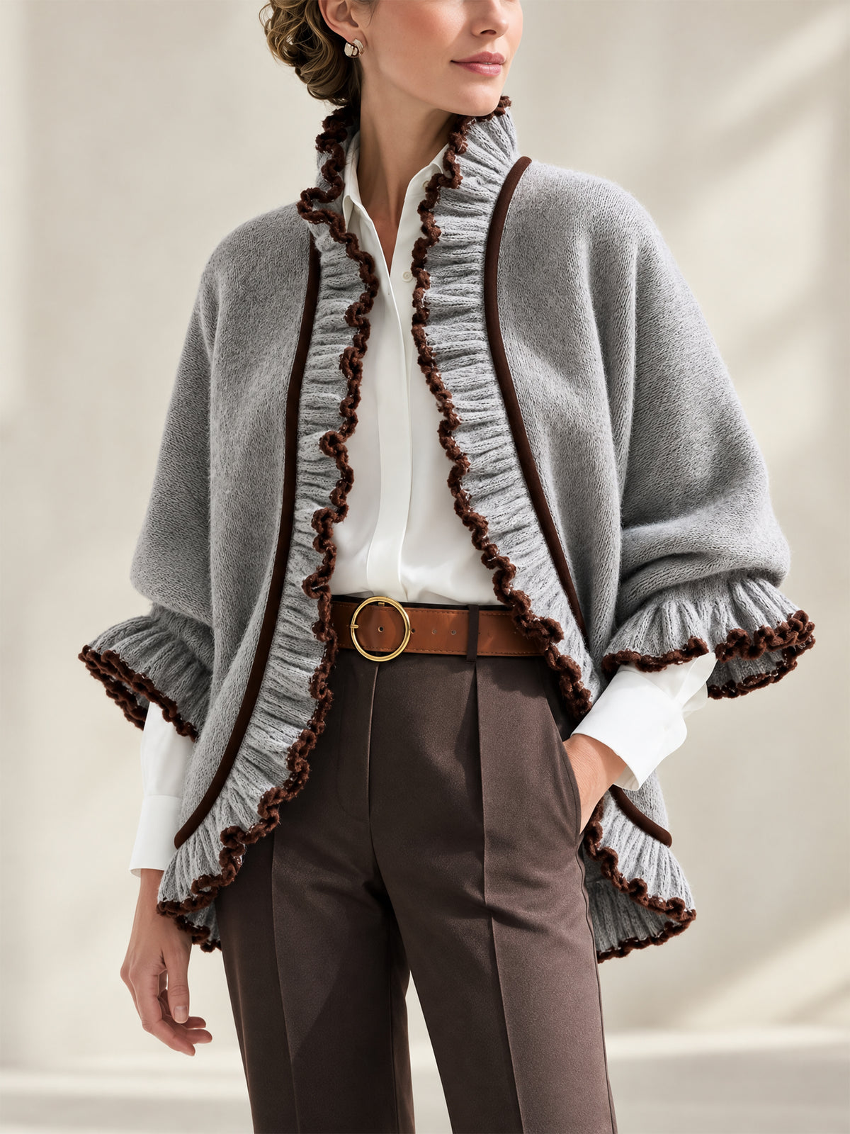 Ruffled Trim Knit Poncho Cardigan