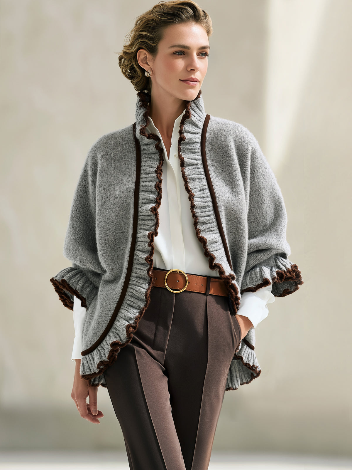Ruffled Trim Knit Poncho Cardigan
