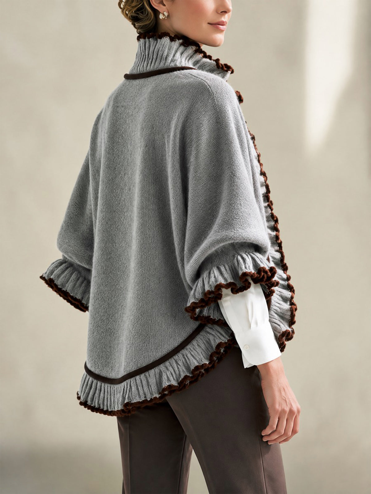 Ruffled Trim Knit Poncho Cardigan