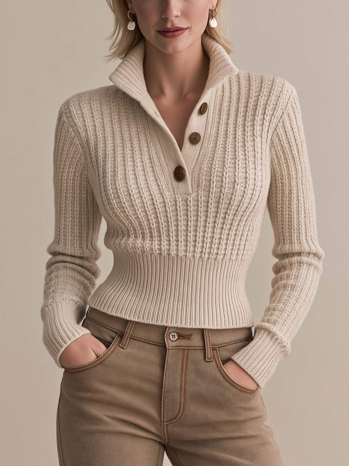 Oatmeal Half-Zip Collar Vertical Rib Waist Knit Sweater