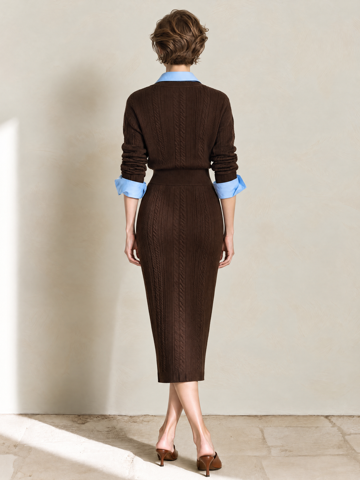 Elegant Brown & Blue Layered Wool-Blend Knit Dress