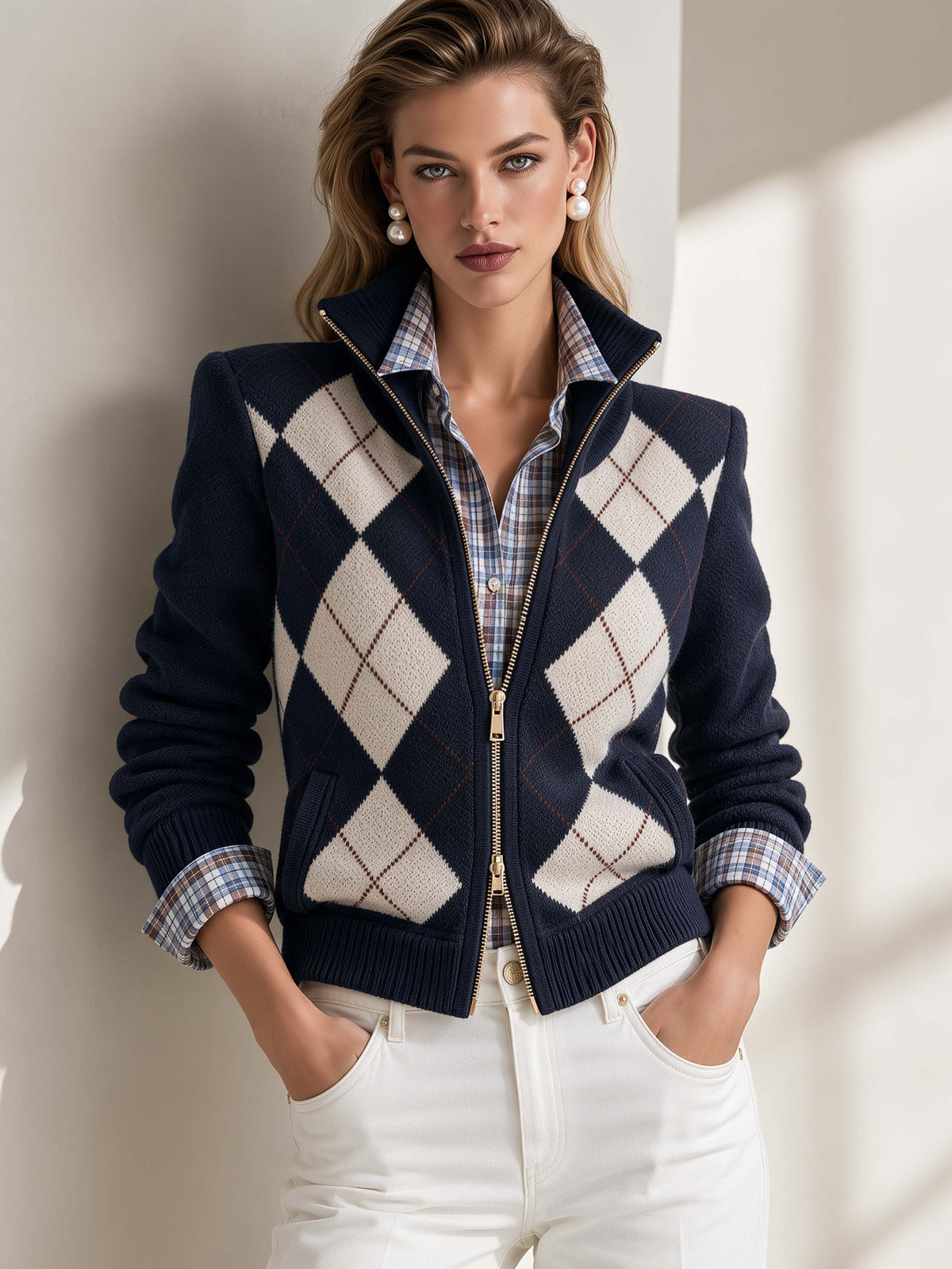 Navy Argyle Stand Collar Zip Cropped Knit Cardigan