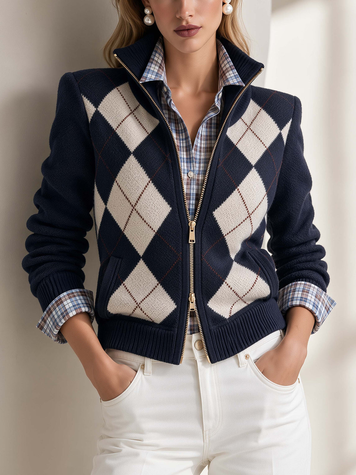 Navy Argyle Stand Collar Zip Cropped Knit Cardigan