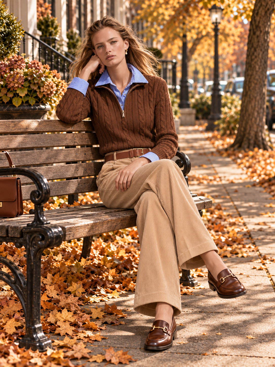 Brown Cable Knit Half-Zip Sweater With Stand Collar