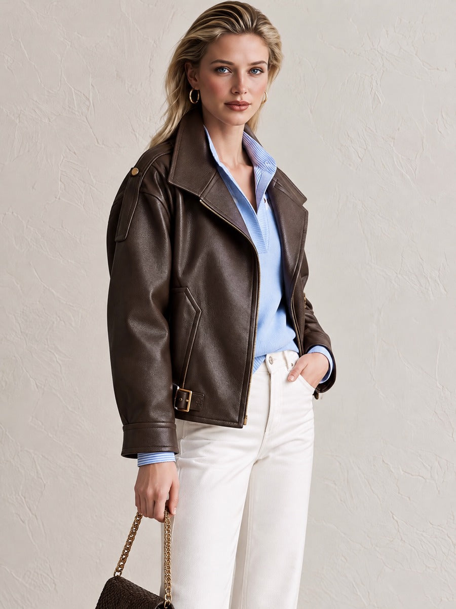 Dark Brown Lapel Buckle Cropped Faux Leather Jacket